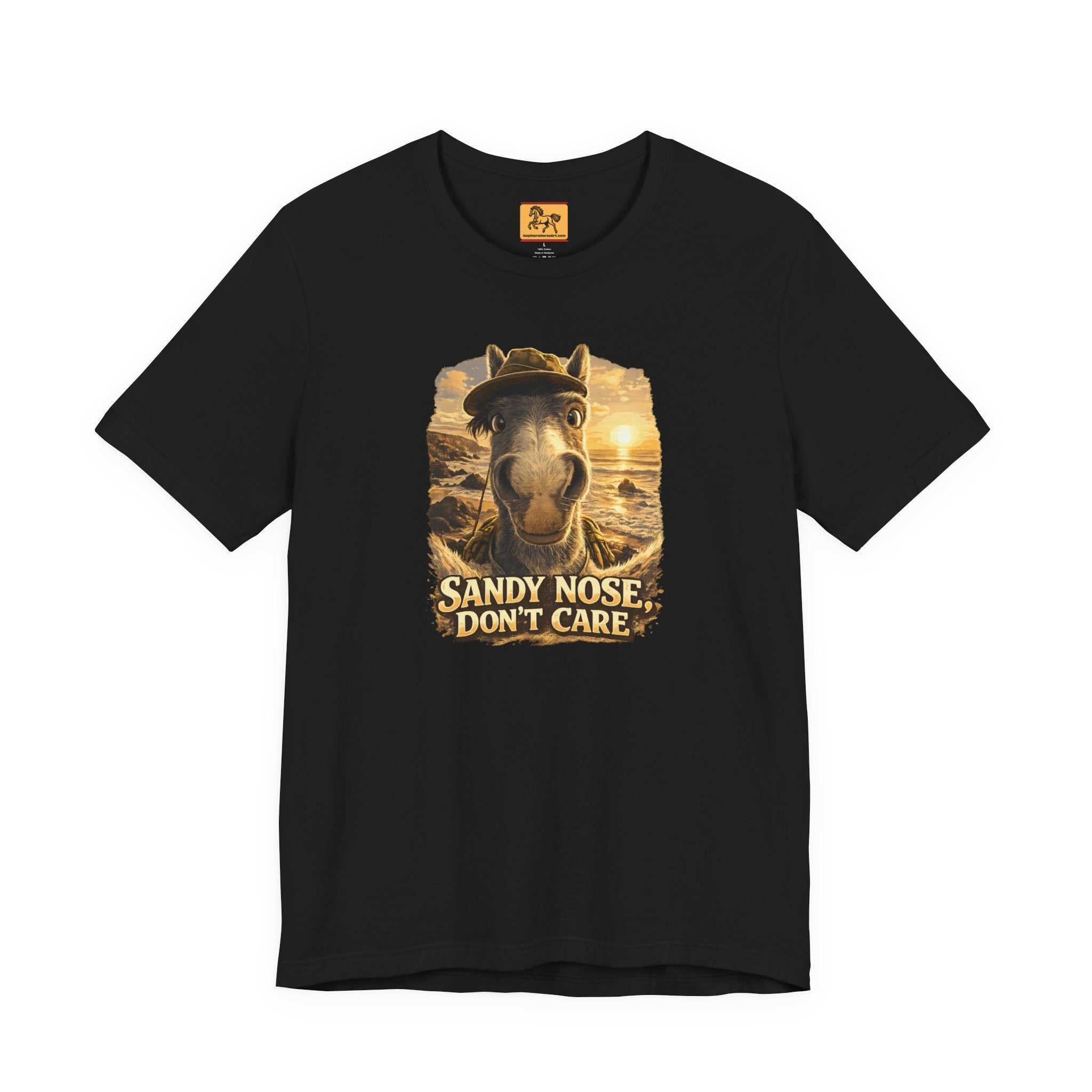 Sandy nose, don't care. A cheeky horse beach selfie tee for horse lovers who live for summer. Super soft Bella + Canvas 3001. Shop now at Hay There Horse Art.