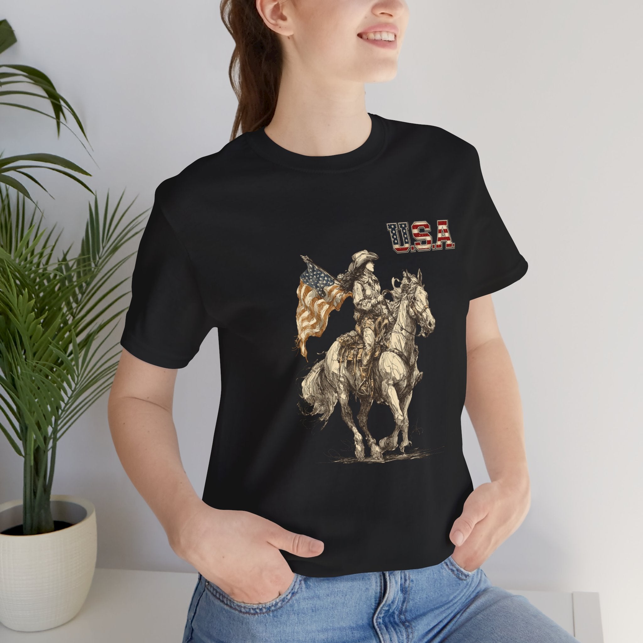 USA Flag & Cowgirl Rider T-Shirt | Patriotic Cowgirl on Horse Graphic Tee