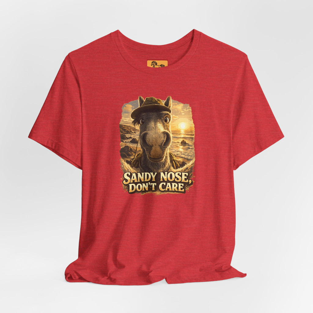 Sandy nose, don't care. A cheeky horse beach selfie tee for horse lovers who live for summer. Super soft Bella + Canvas 3001. Shop now at Hay There Horse Art.