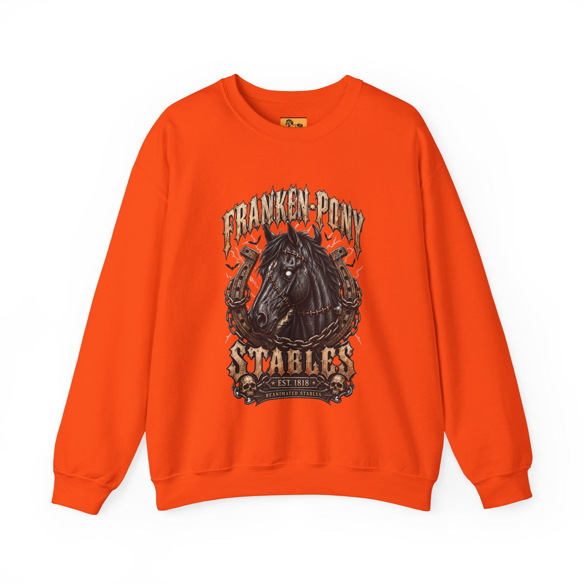 Franken-Pony Stables Est. 1818 Halloween Sweatshirt Gothic Horse Crest Crewneck