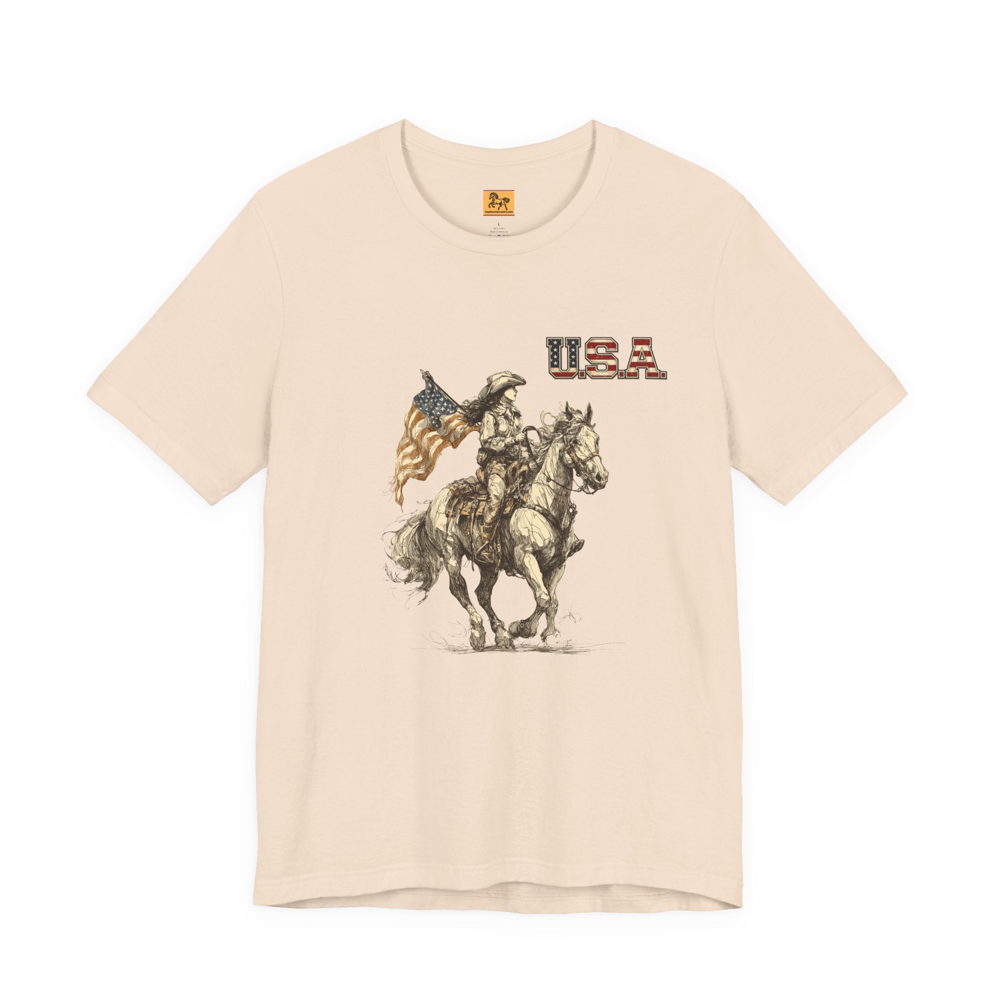 USA Flag & Cowgirl Rider T-Shirt | Patriotic Cowgirl on Horse Graphic Tee