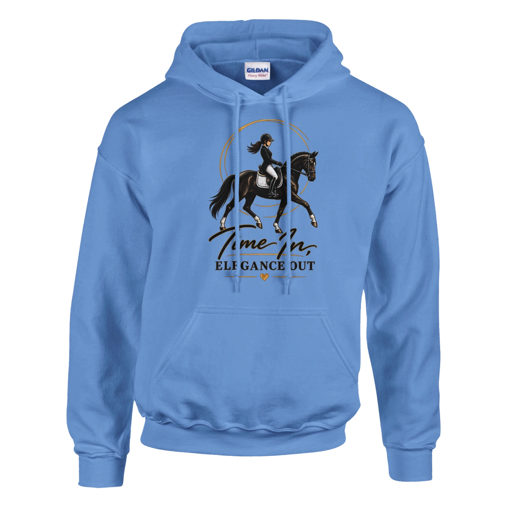 Carolina Blue Time In, Elegance Out equestrian hoodie with dark bay dressage horse