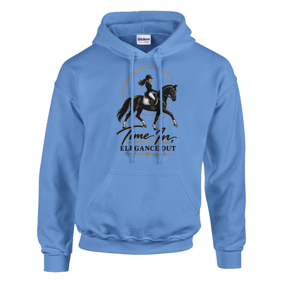 Carolina Blue Time In, Elegance Out equestrian hoodie with dark bay dressage horse