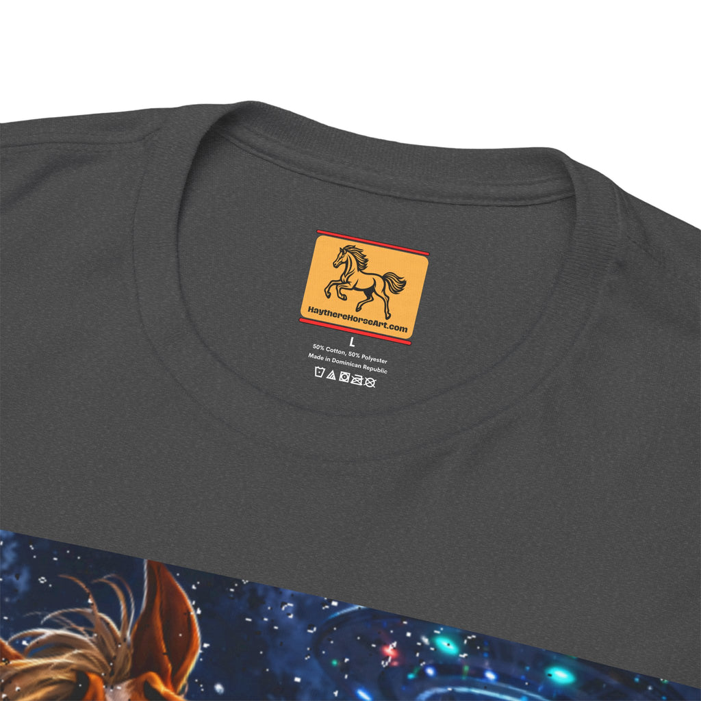 Gray t-shirt with a colorful horse UFO Selfie graphic and a brand label on the Back of the neck.