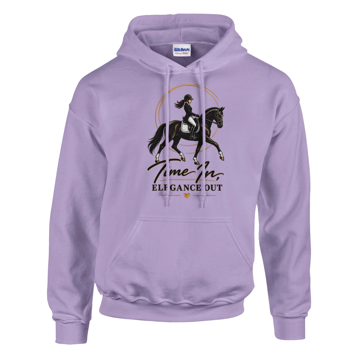 Orchid Time In, Elegance Out horse hoodie with dressage rider design