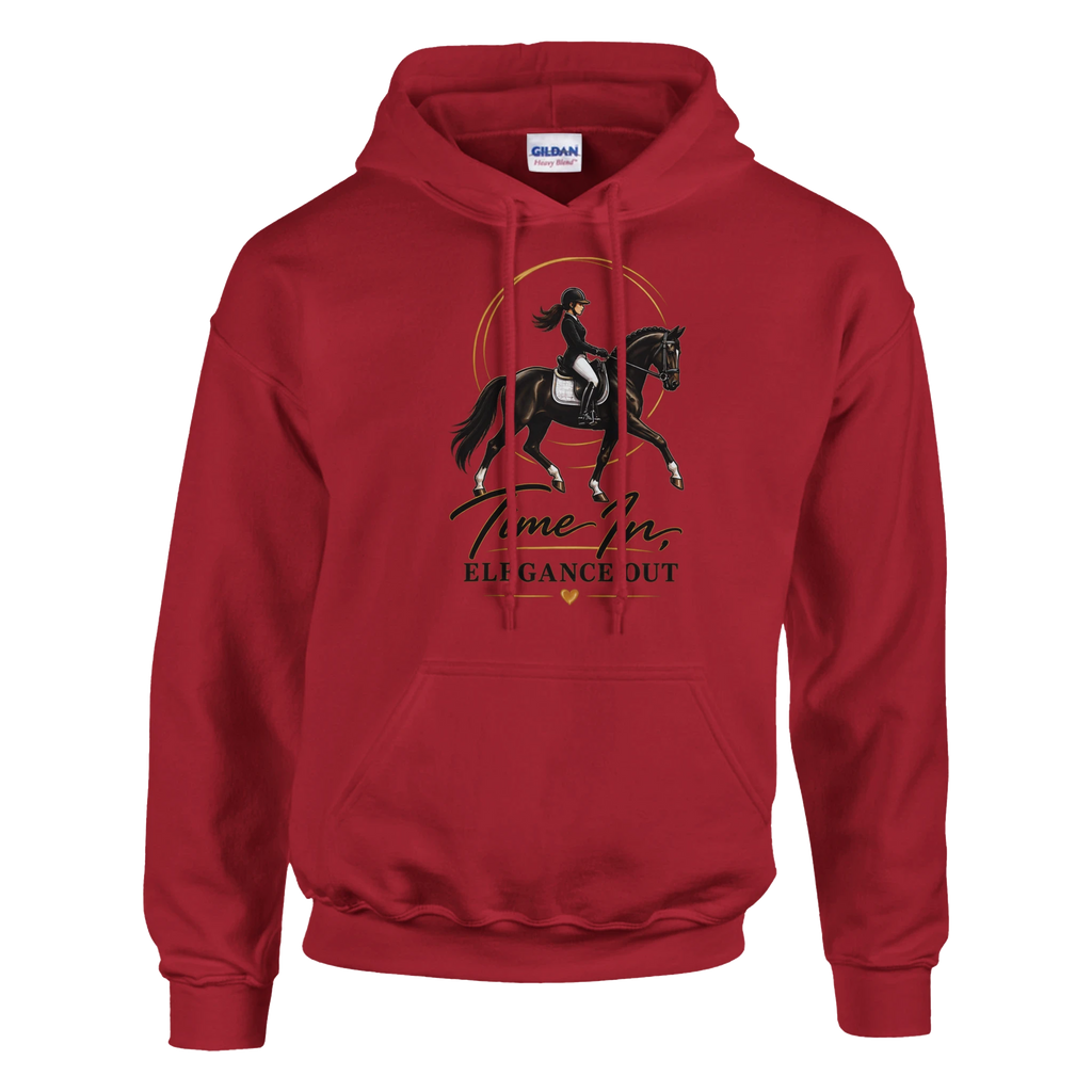Cherry Red Time In, Elegance Out horse rider hoodie with gold ring dressage design