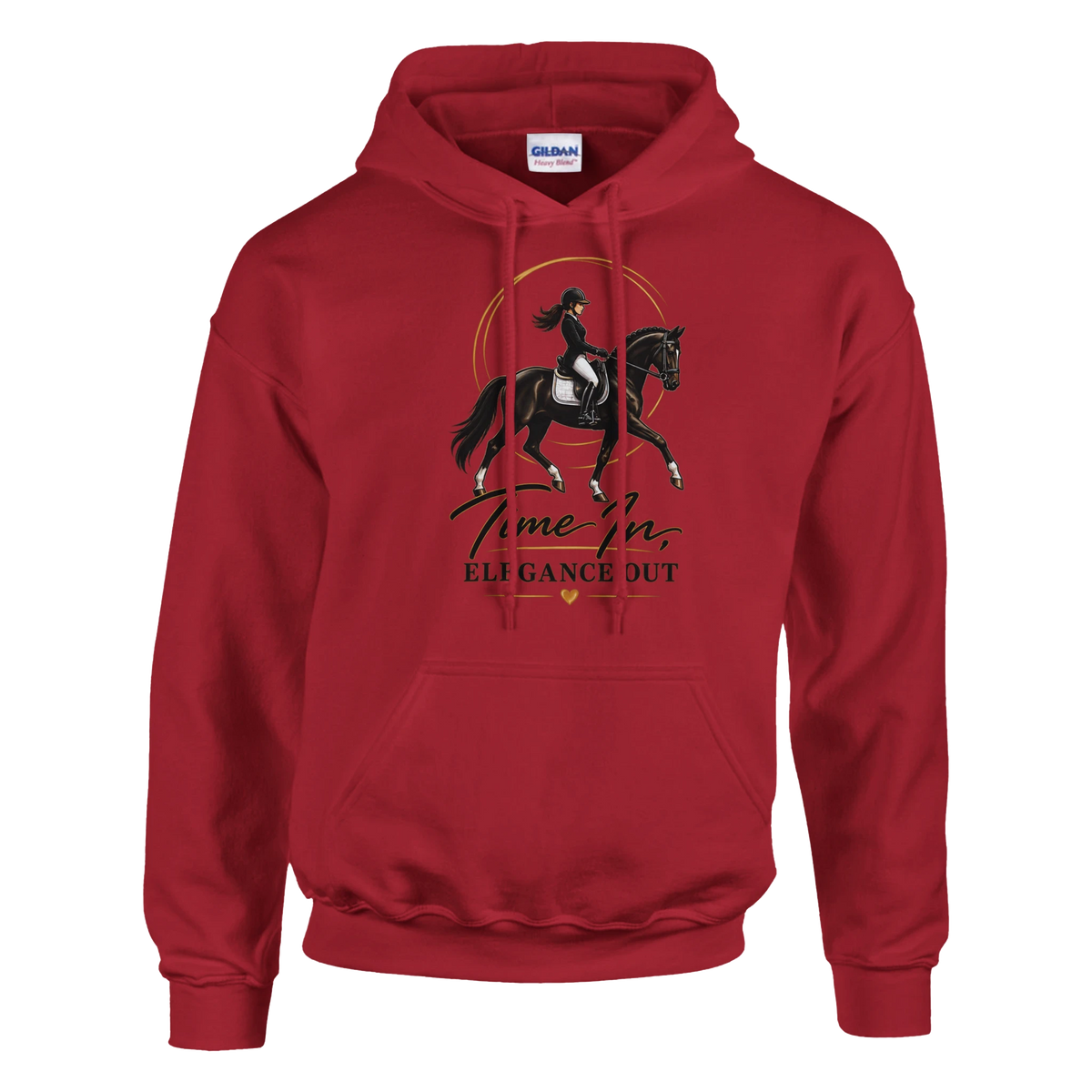 Cherry Red Time In, Elegance Out horse rider hoodie with gold ring dressage design