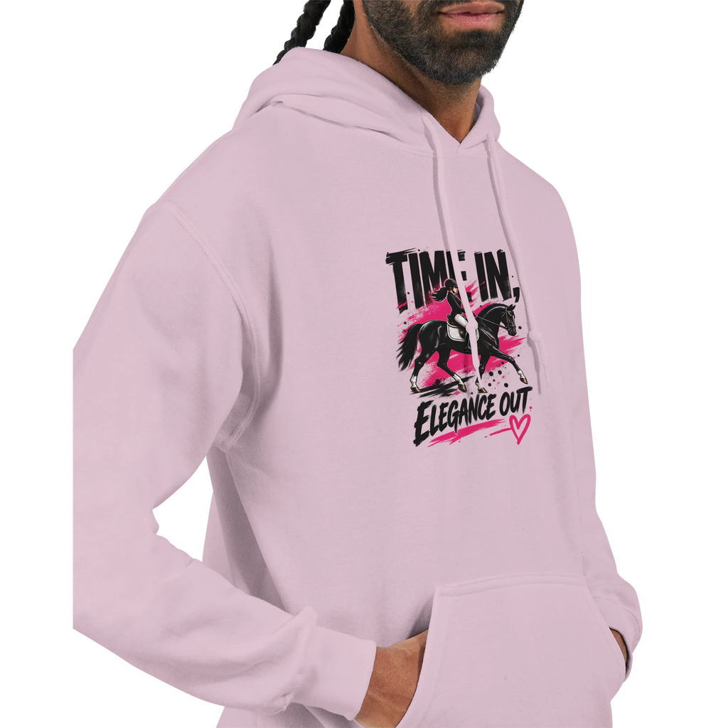 Light pink Time In, Elegance Out grunge dressage hoodie by Hay There Horse Art, view 9
