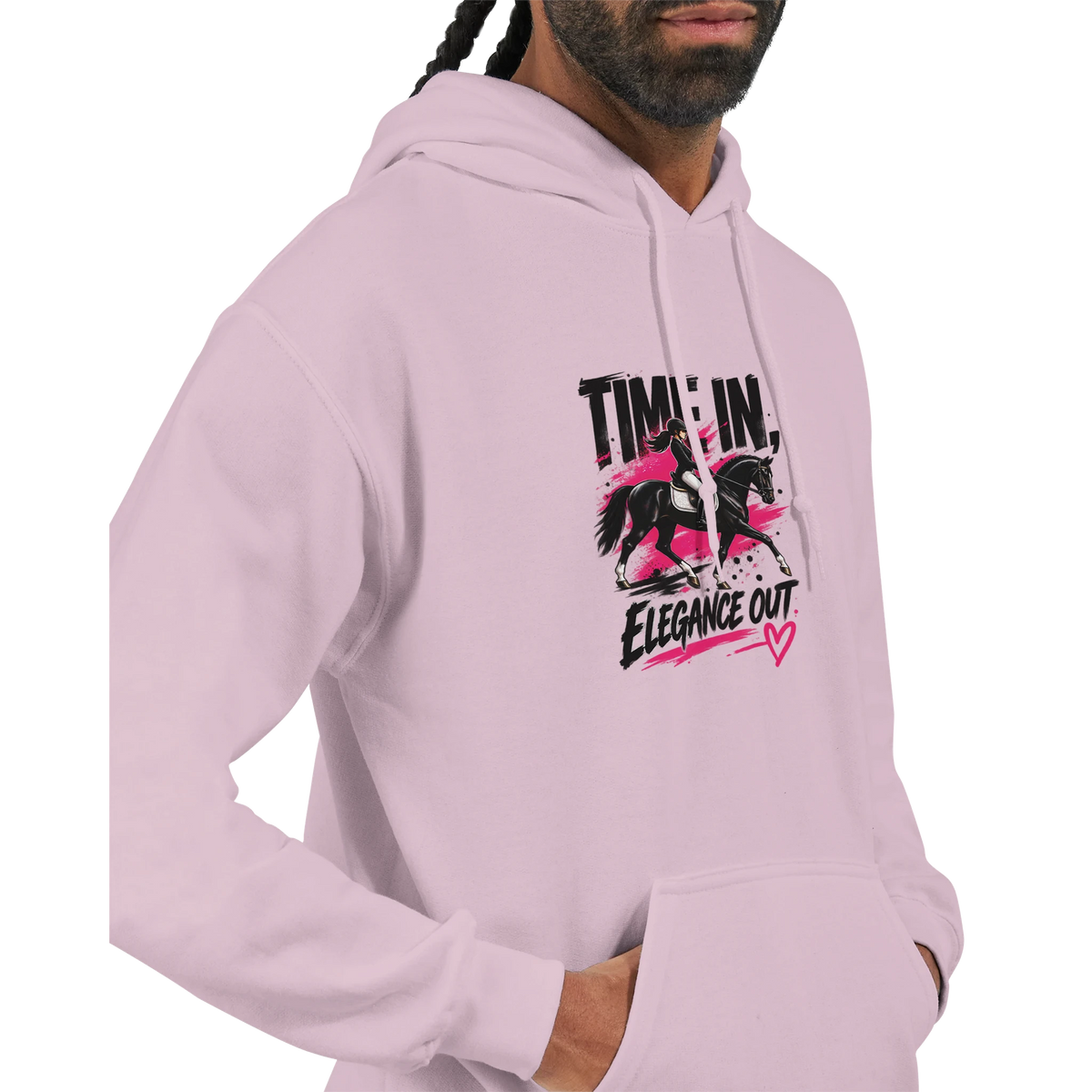 Light pink Time In, Elegance Out grunge dressage hoodie by Hay There Horse Art, view 9