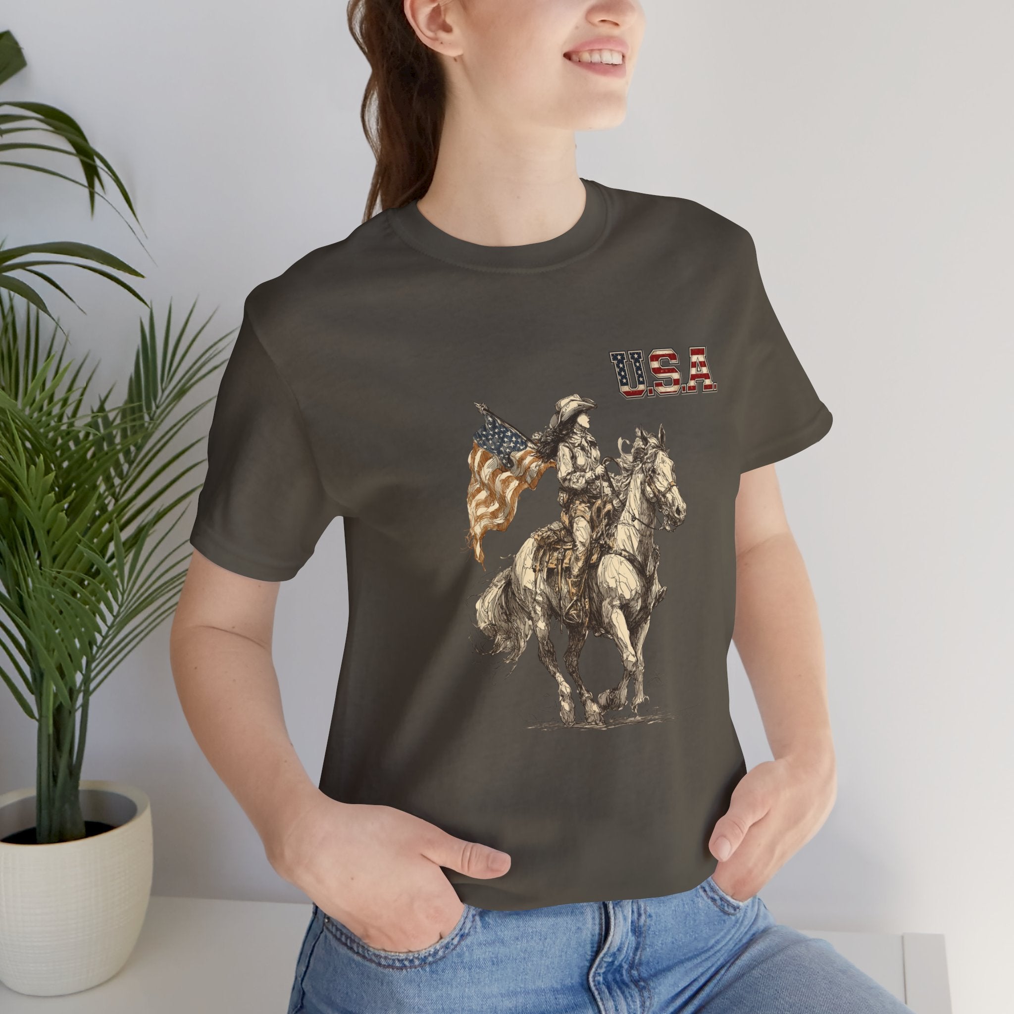 USA Flag & Cowgirl Rider T-Shirt | Patriotic Cowgirl on Horse Graphic Tee