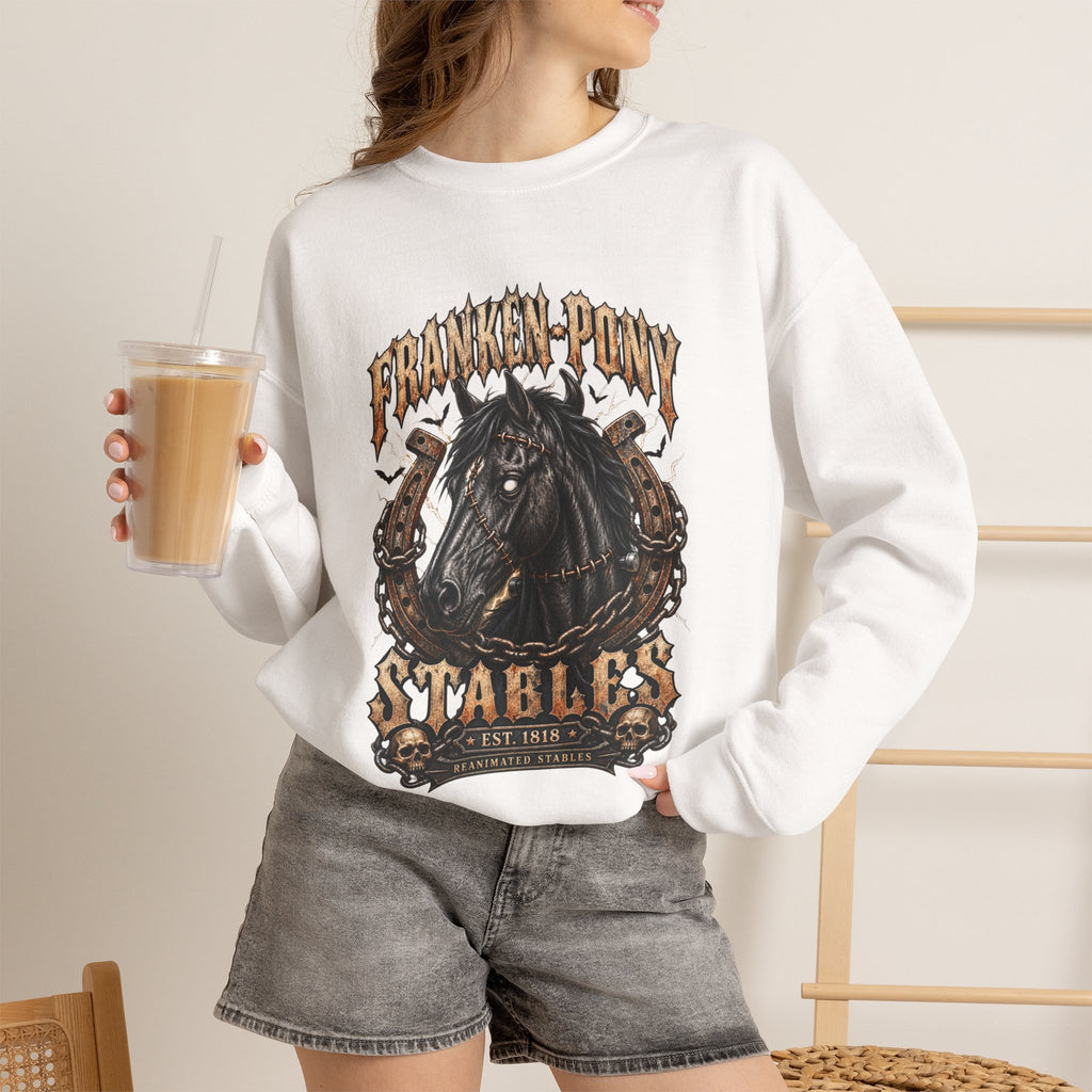 Franken-Pony Stables Est. 1818 Halloween Sweatshirt Gothic Horse Crest Crewneck