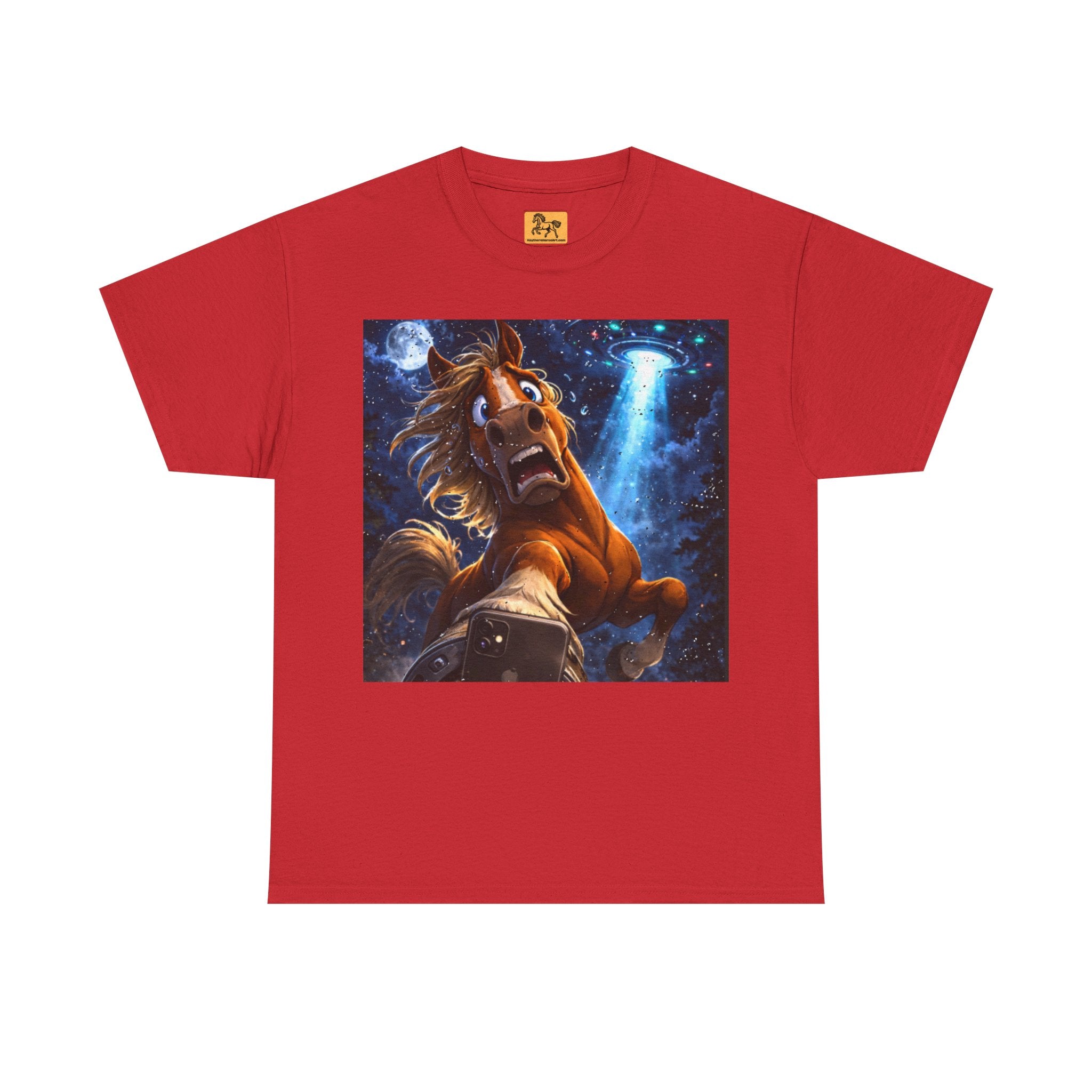 Red t-shirt Gray with a horse taking a selfie on a starry sky with a UFO in the  background with a graphic of a horse and a starry sky.