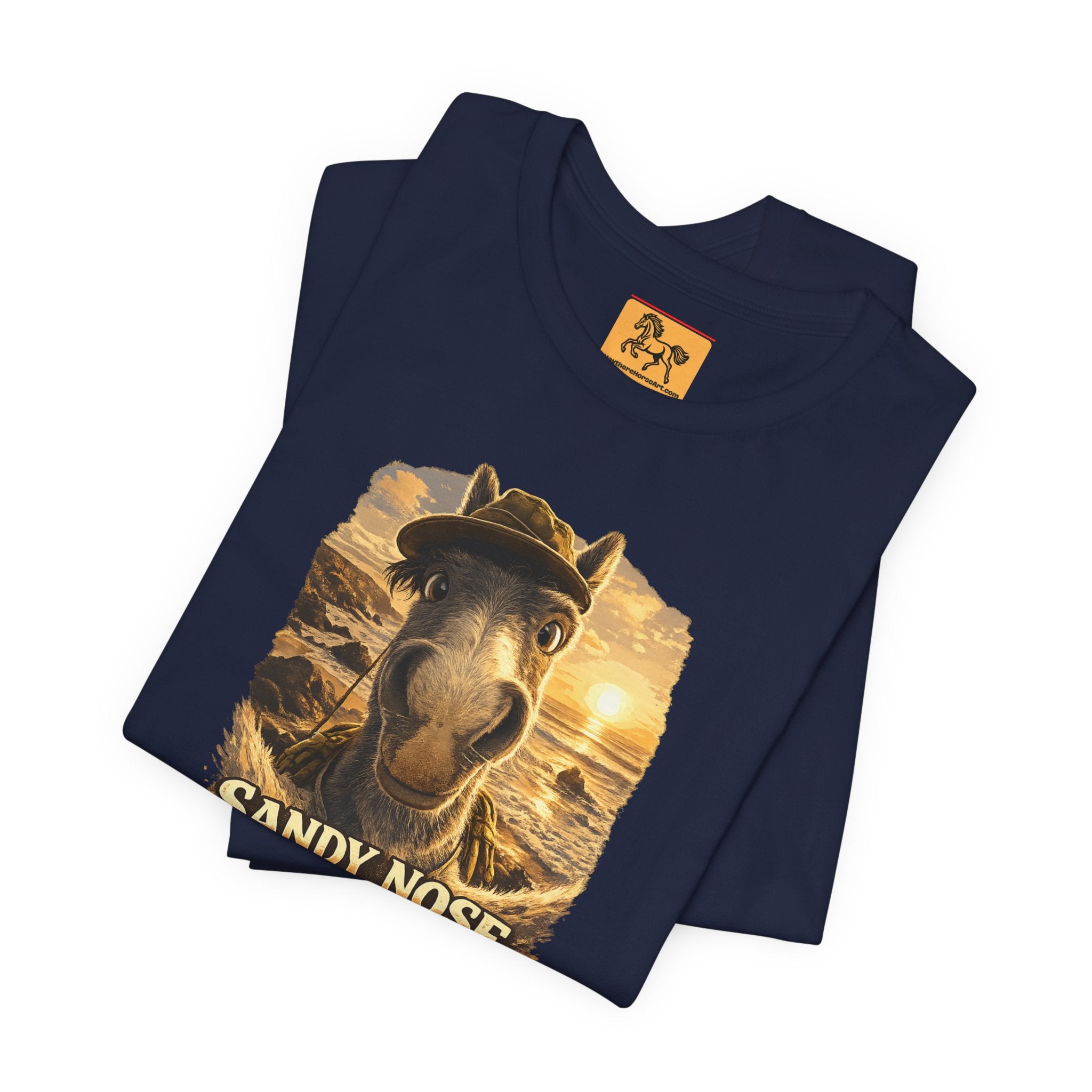 Sandy nose, don't care. A cheeky horse beach selfie tee for horse lovers who live for summer. Super soft Bella + Canvas 3001. Shop now at Hay There Horse Art.