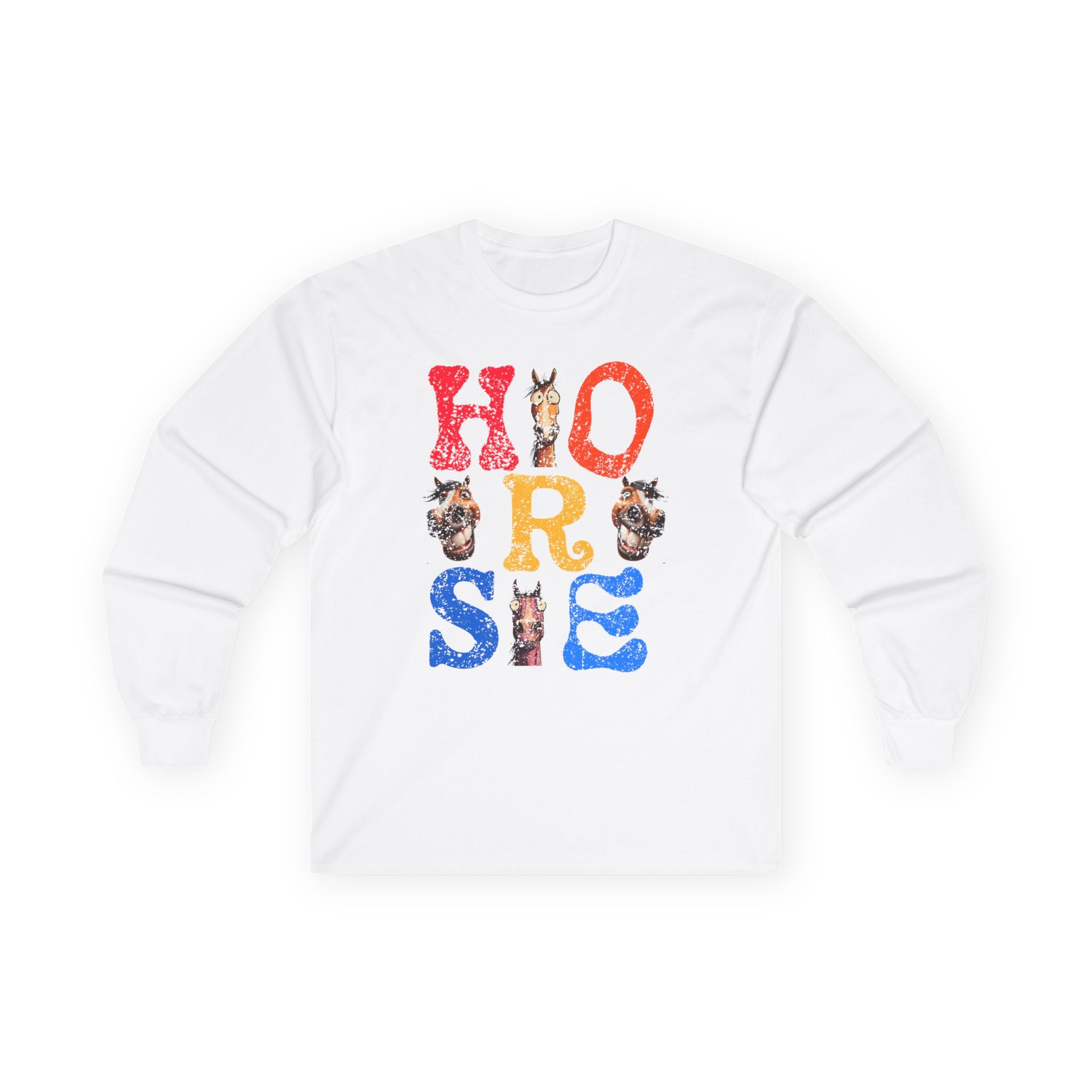 Illustrated "Horse" Lettering Design Long Sleeve T-Shirt | Equestrian Typography Tee