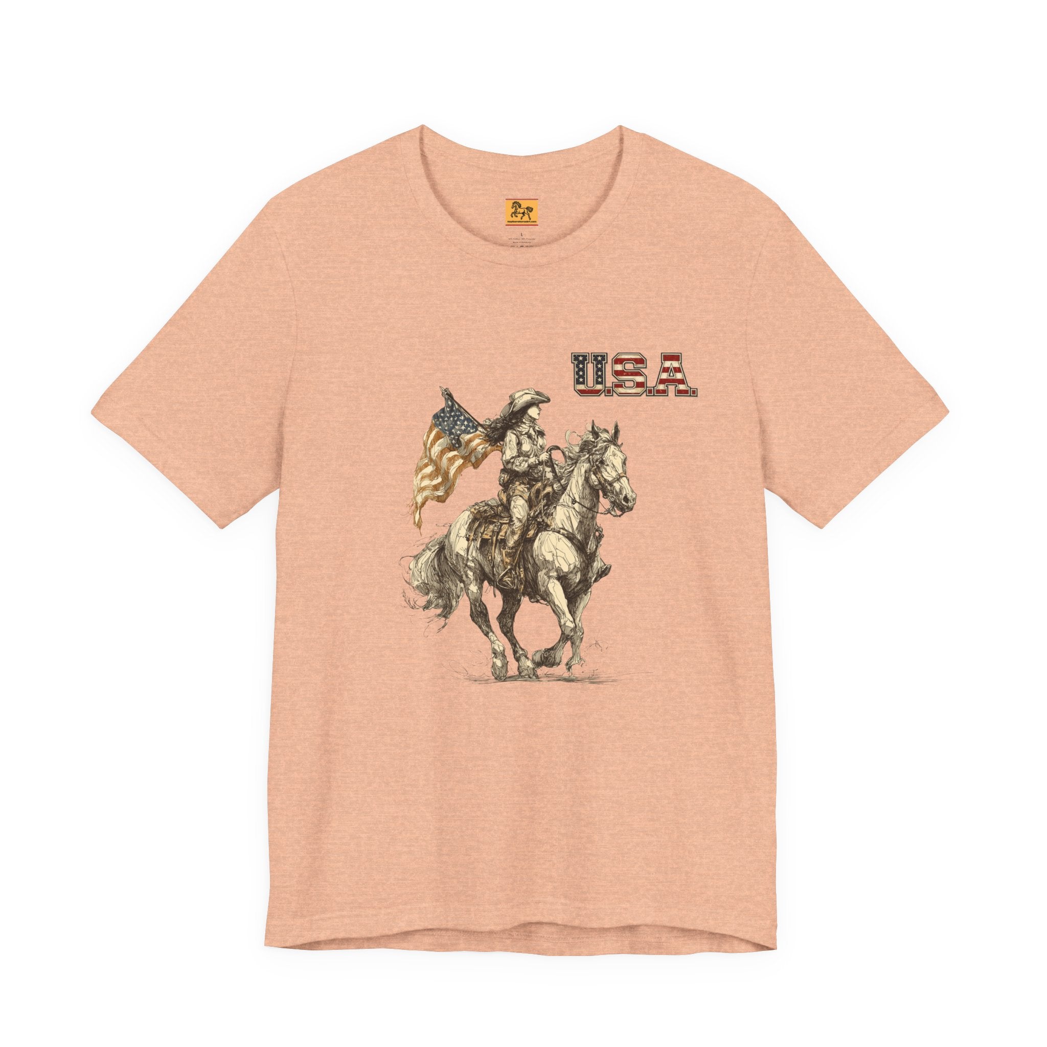 USA Flag & Cowgirl Rider T-Shirt | Patriotic Cowgirl on Horse Graphic Tee