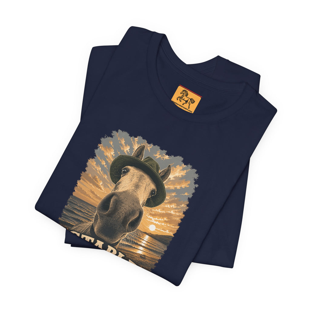 Stable Selfie Club unisex t-shirt  featuring original equestrian artwork of a horse wearing a hat taking a selfie at sunset on a beach, printed on Bella & Canvas 3001 tee by Hay there Horse Art.