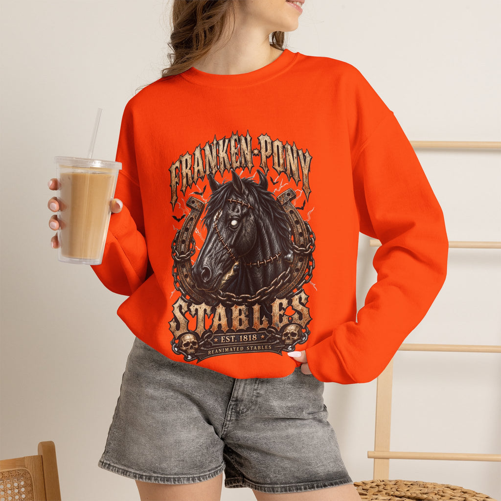 Franken-Pony Stables Est. 1818 Halloween Sweatshirt Gothic Horse Crest Crewneck