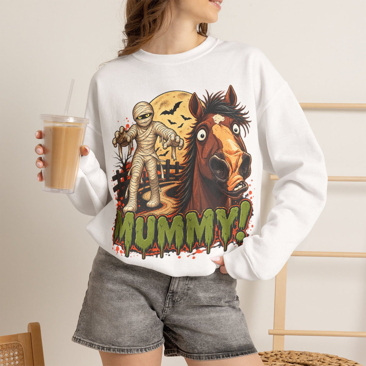 Mummy! Spooky Horse Halloween Sweatshirt Funny Haunted Pony Crewneck