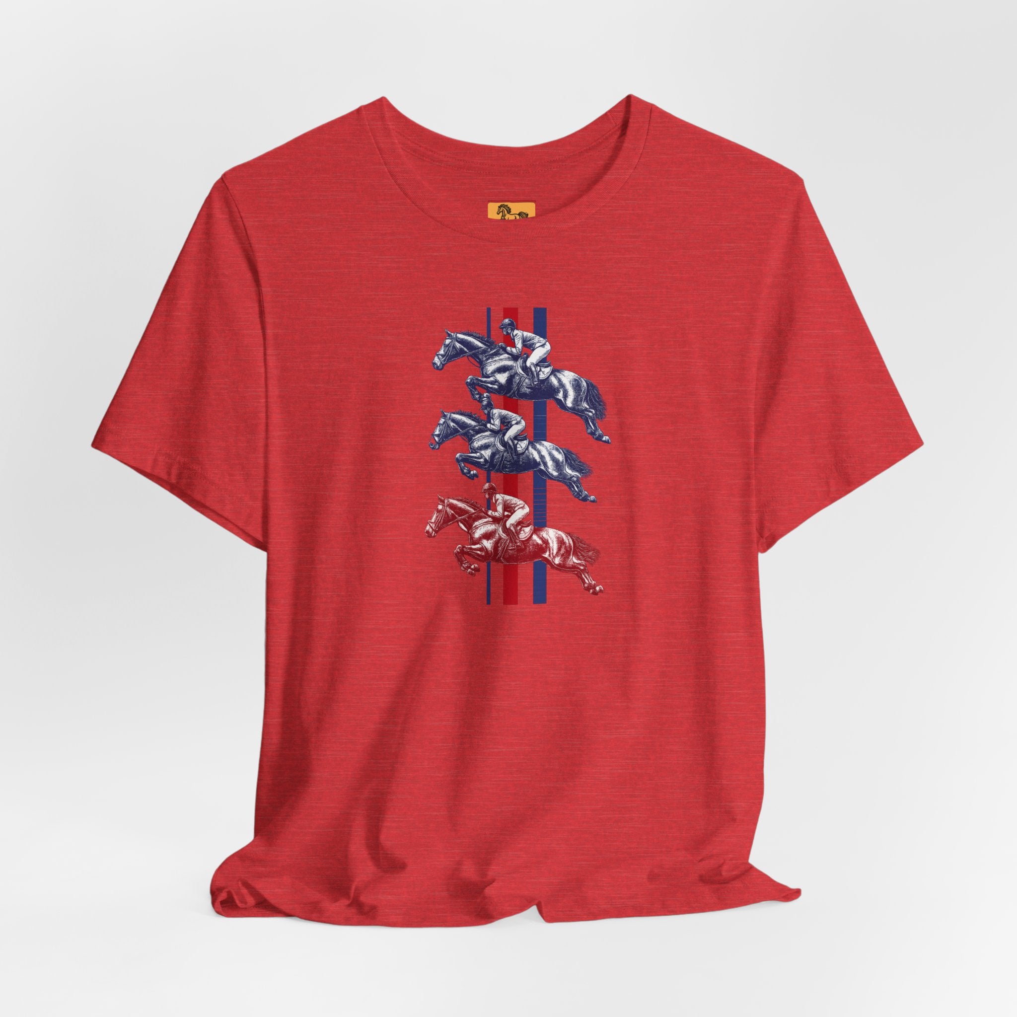 Vintage Show Jumping Horses T‑Shirt UK Red White Blue Equestrian Tee for Riders & Owners