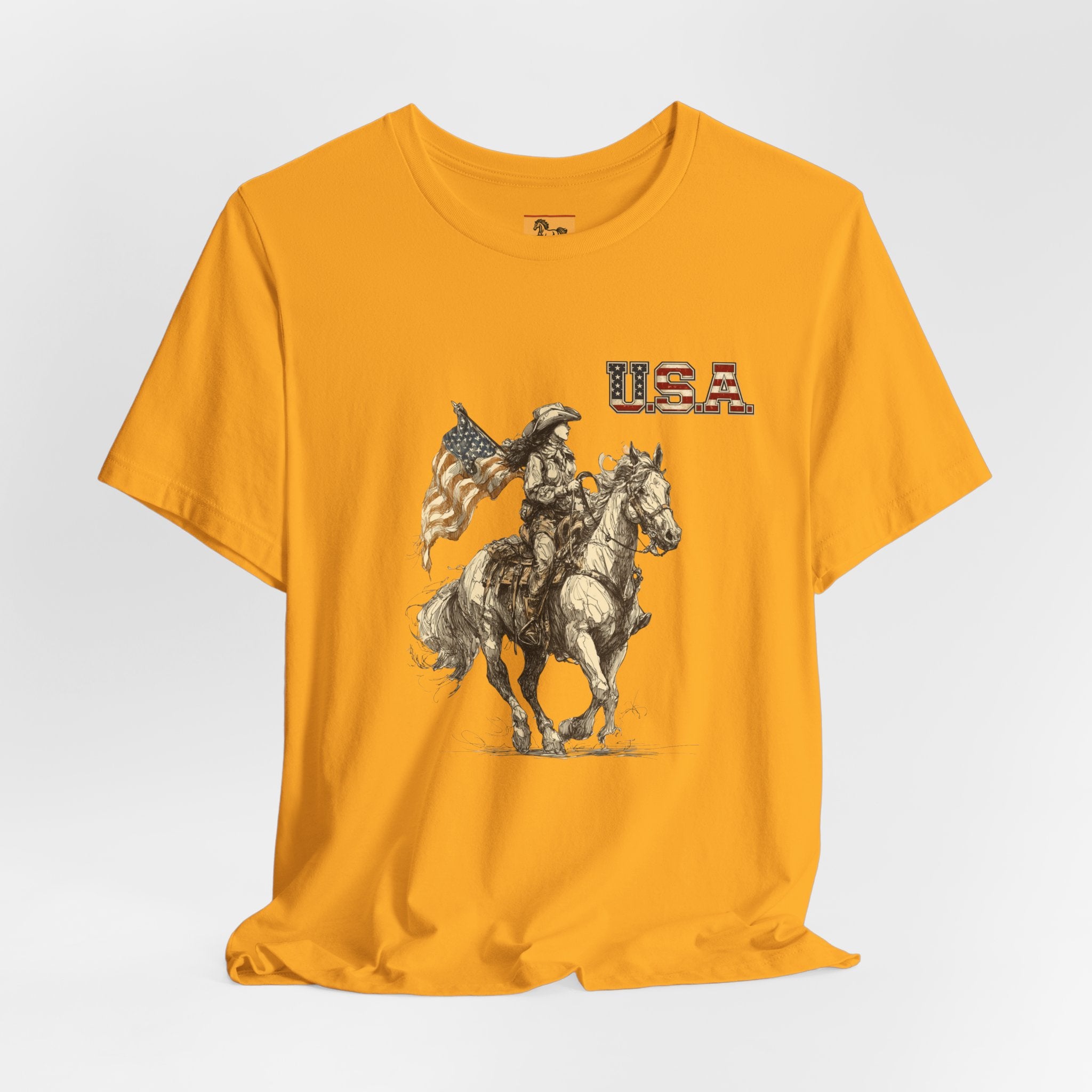 USA Flag & Cowgirl Rider T-Shirt | Patriotic Cowgirl on Horse Graphic Tee