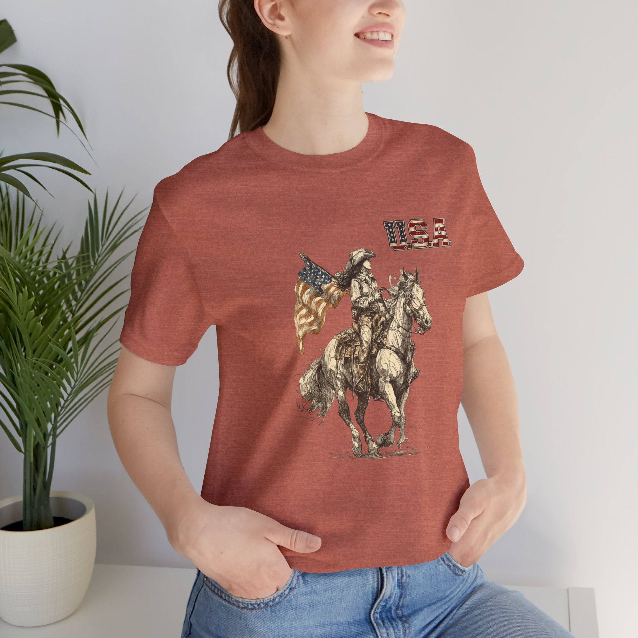 USA Flag & Cowgirl Rider T-Shirt | Patriotic Cowgirl on Horse Graphic Tee