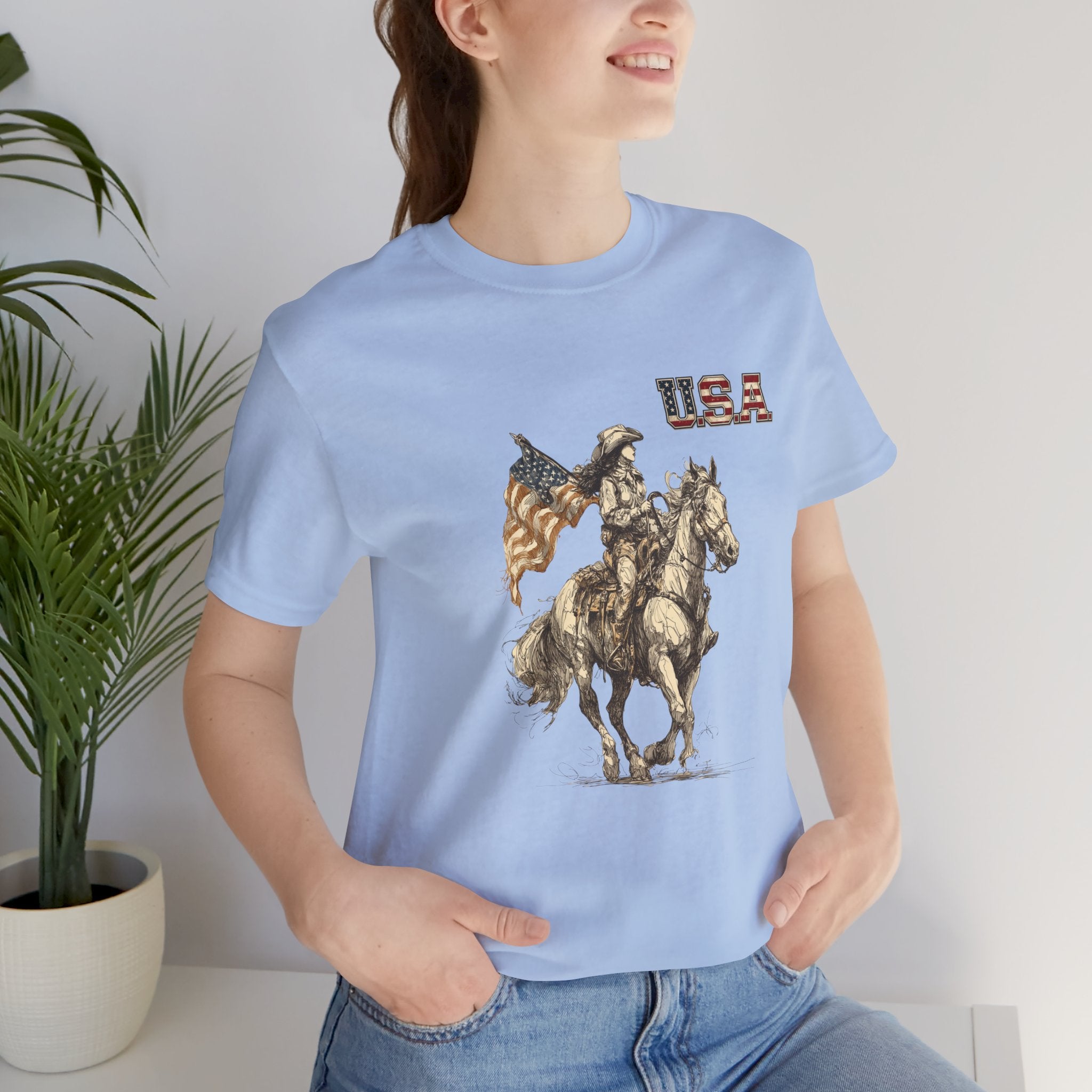 USA Flag & Cowgirl Rider T-Shirt | Patriotic Cowgirl on Horse Graphic Tee