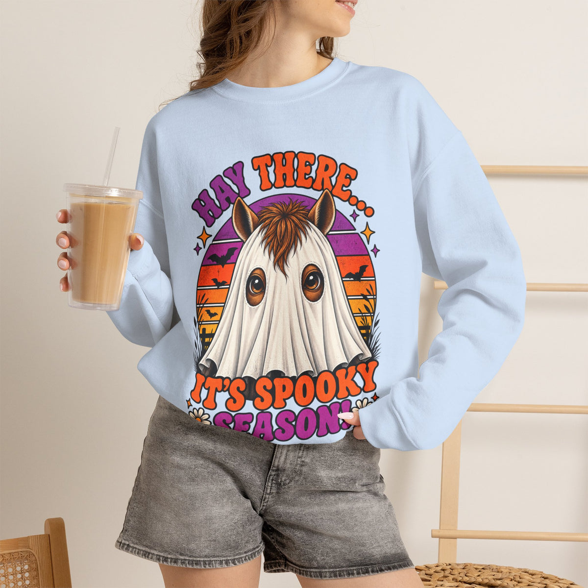 Hay There, It's Spooky Season! Ghost Horse Halloween Sweatshirt Funny Equestrian Crewneck