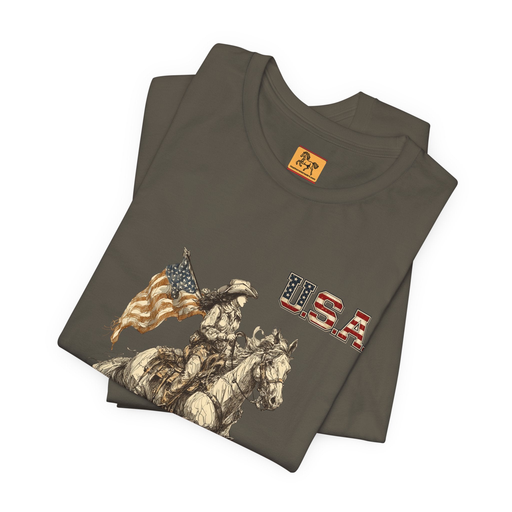 USA Flag & Cowgirl Rider T-Shirt | Patriotic Cowgirl on Horse Graphic Tee