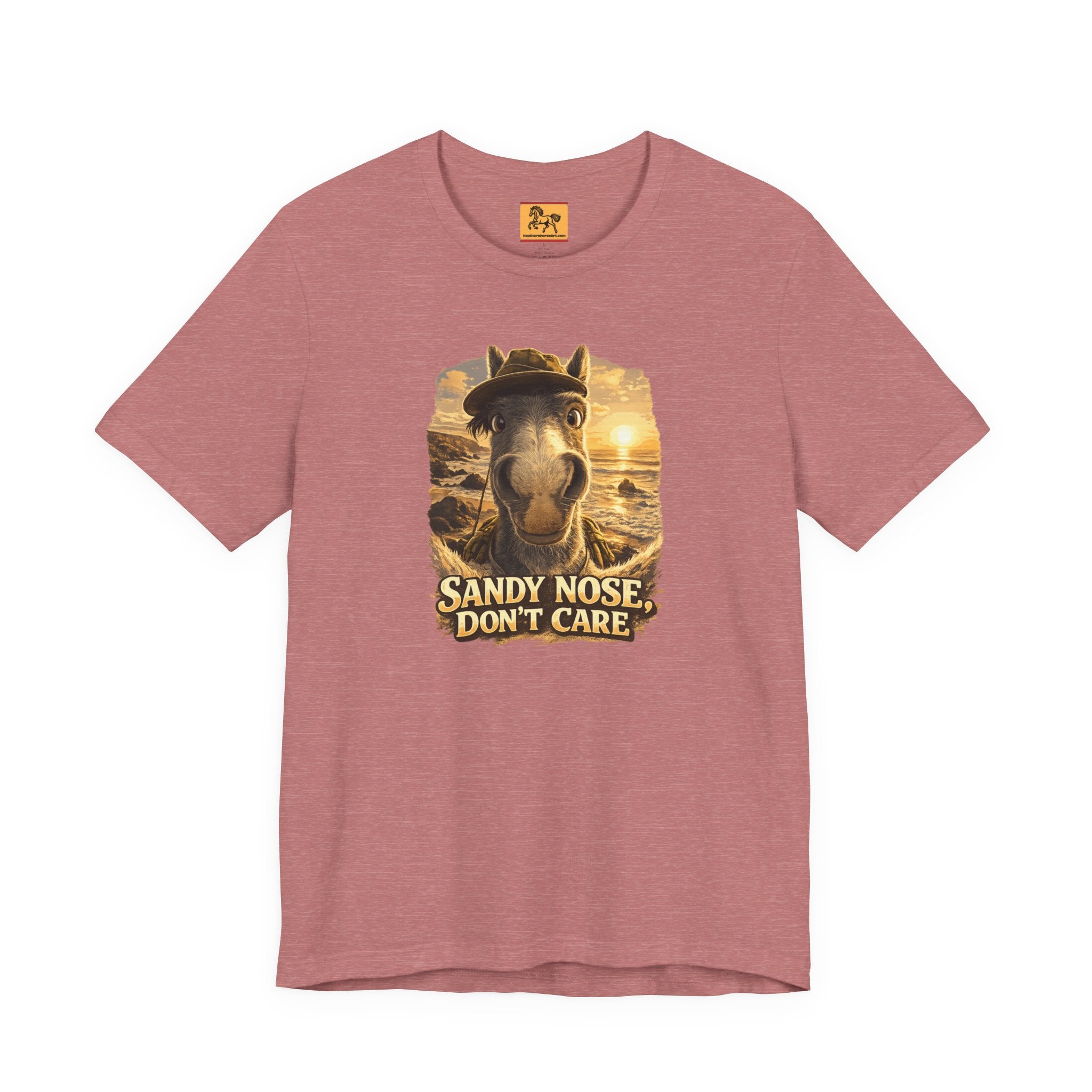 Sandy nose, don't care. A cheeky horse beach selfie tee for horse lovers who live for summer. Super soft Bella + Canvas 3001. Shop now at Hay There Horse Art.