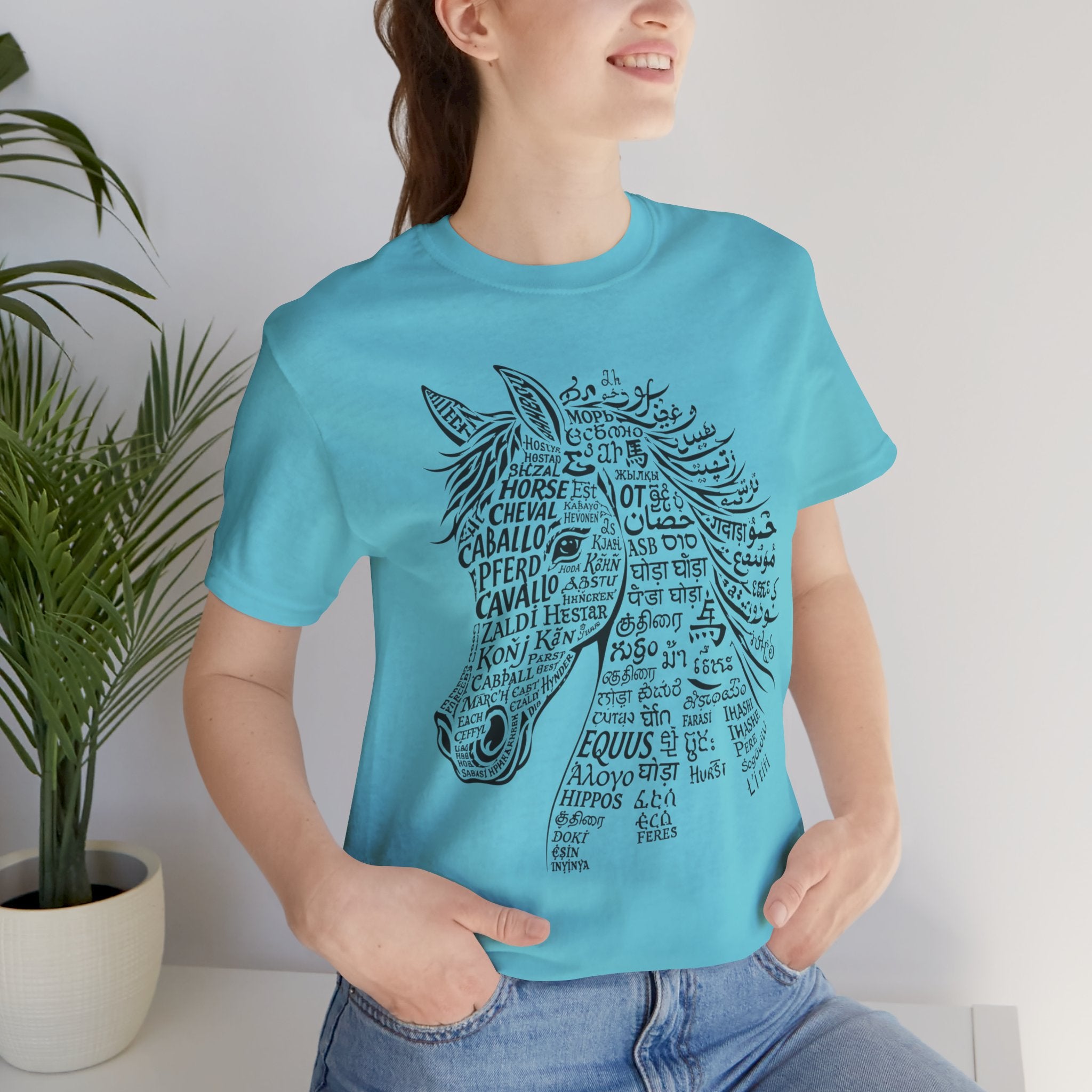 Horse design T Shirt created from the word horse in many languages Unique Horse Lover Gift Equestrian Art Tee