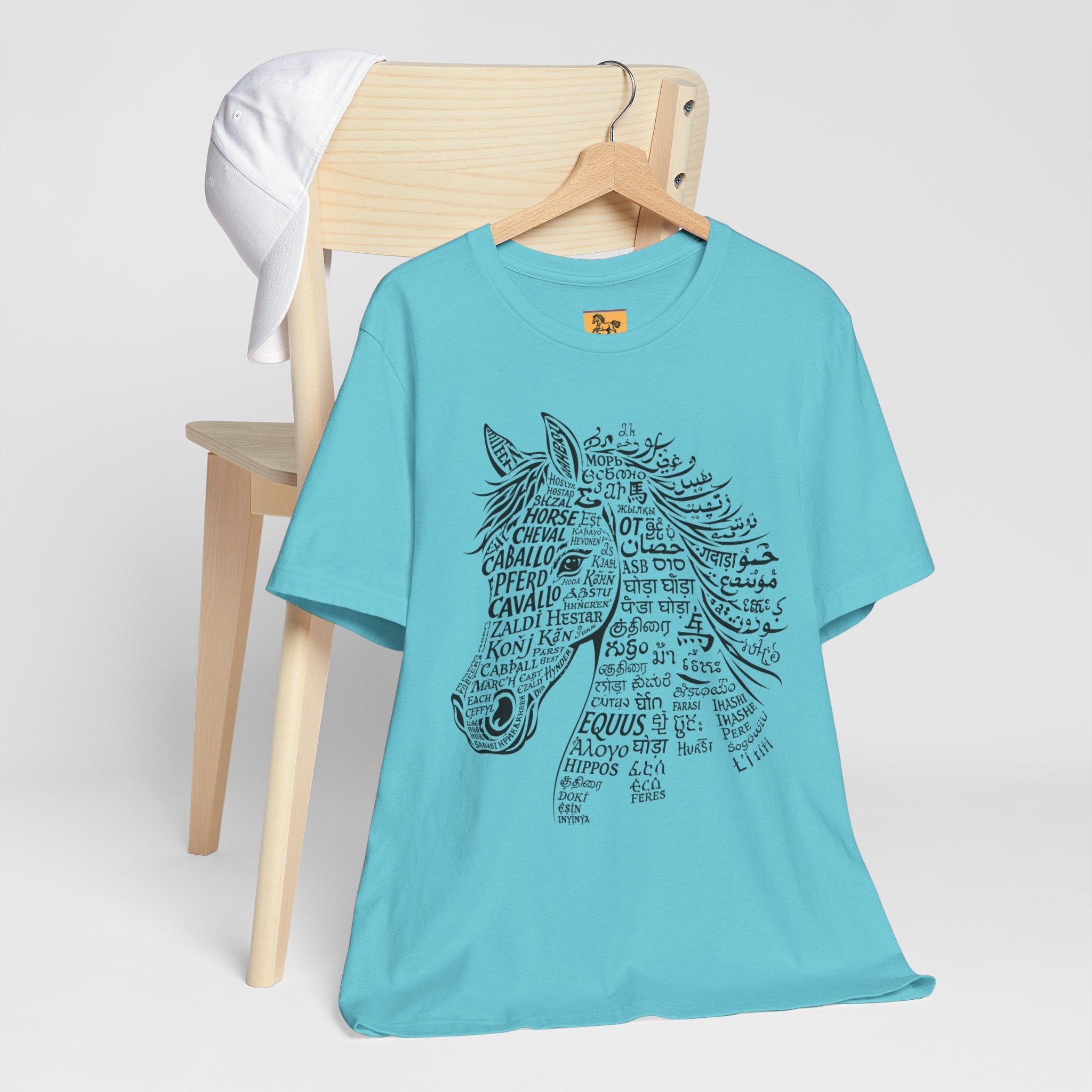 Horse design T Shirt created from the word horse in many languages Unique Horse Lover Gift Equestrian Art Tee