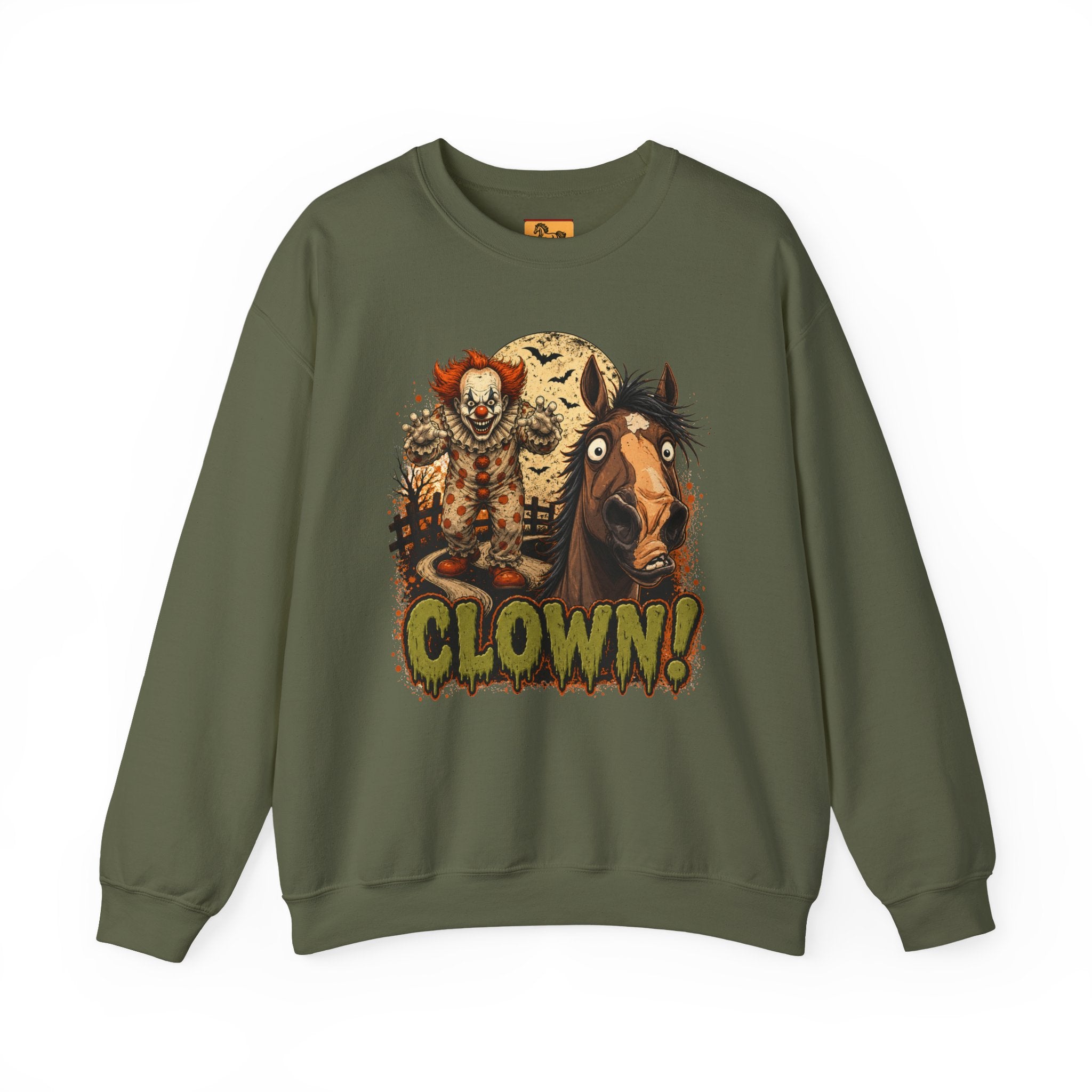 Clown! Creepy Carnival Horse Halloween Sweatshirt Funny Spooked Pony Crewneck