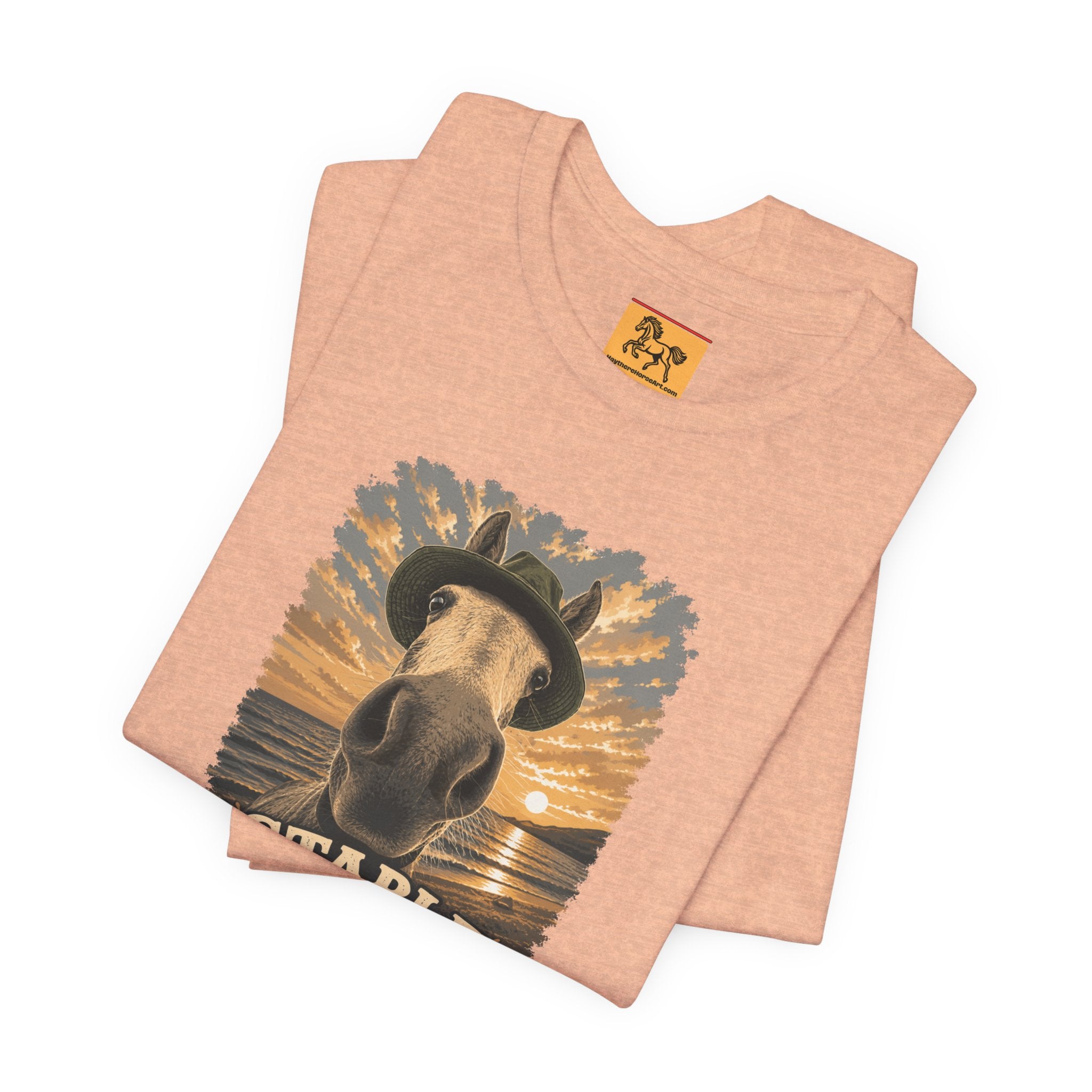Stable Selfie Club unisex t-shirt  featuring original equestrian artwork of a horse wearing a hat taking a selfie at sunset on a beach, printed on Bella & Canvas 3001 tee by Hay there Horse Art.