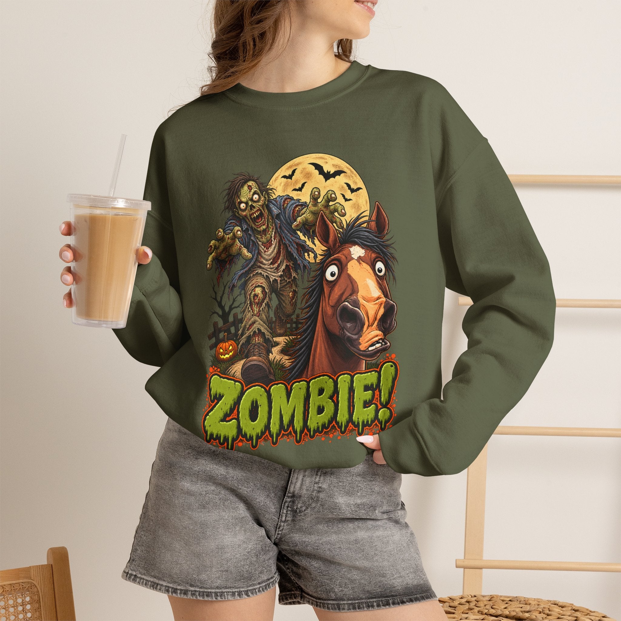 Zombie! Spooky Horse Halloween Sweatshirt Funny Haunted Pony Crewneck