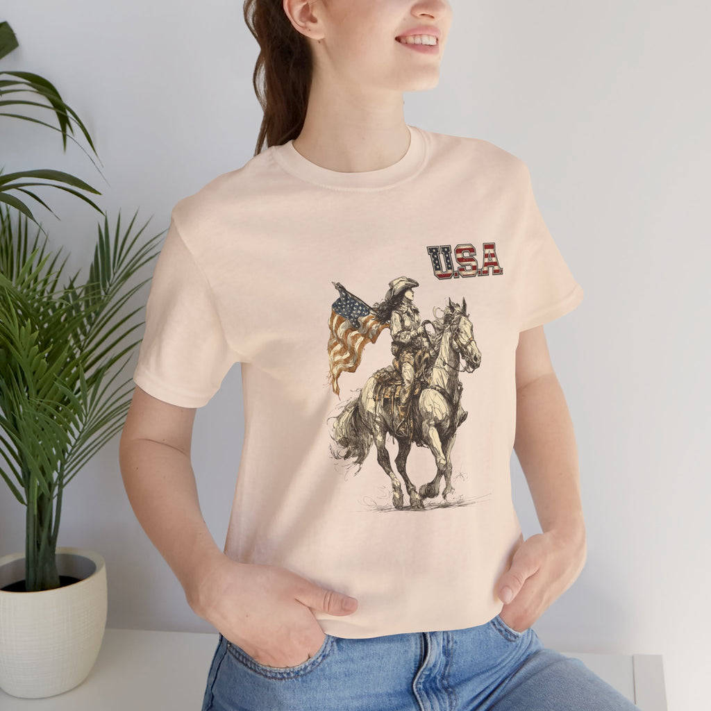 USA Flag & Cowgirl Rider T-Shirt | Patriotic Cowgirl on Horse Graphic Tee
