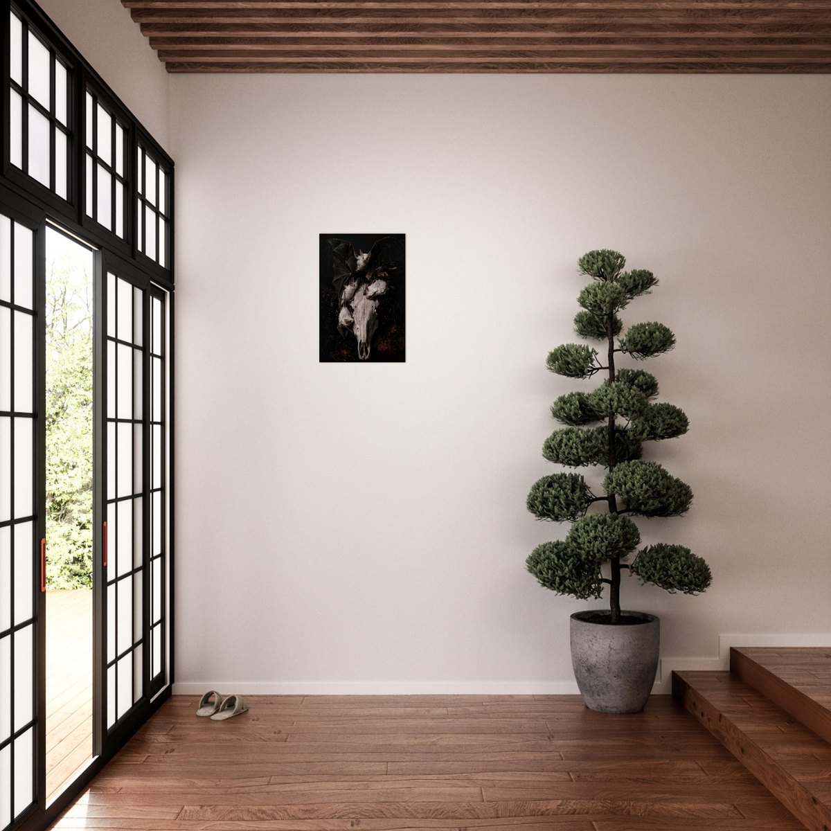 Gothic vanitas metal wall art print of three albino bats and a weathered horse skull with glowing eye sockets, surrounded by dried botanicals and cobwebs on a black background, Dutch Golden Age still life style, brushed aluminum print