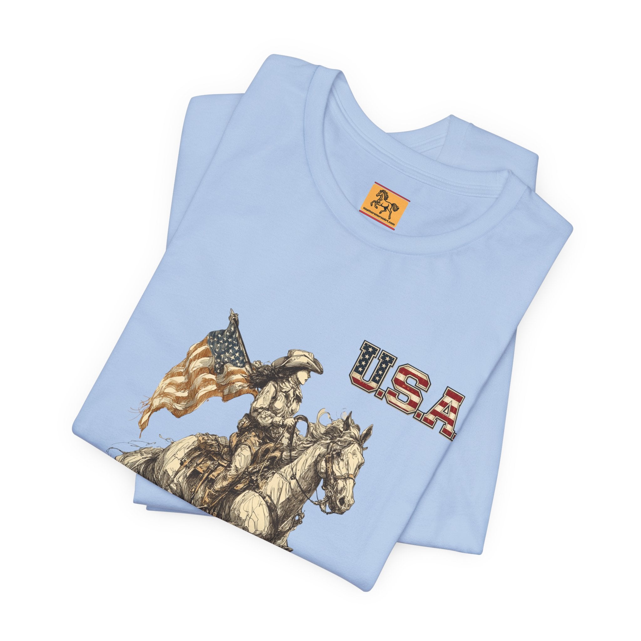 USA Flag & Cowgirl Rider T-Shirt | Patriotic Cowgirl on Horse Graphic Tee