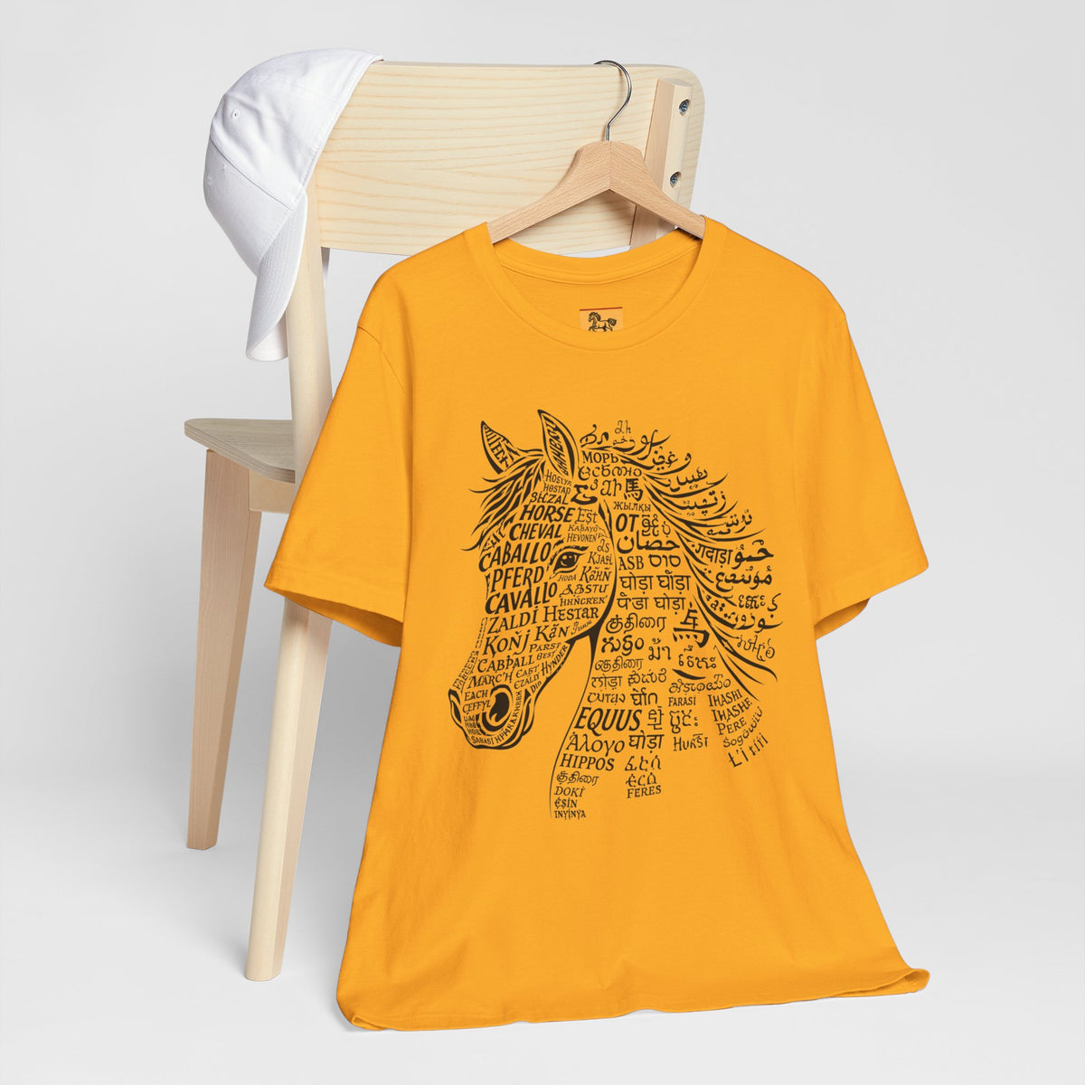 Horse design T Shirt created from the word horse in many languages Unique Horse Lover Gift Equestrian Art Tee