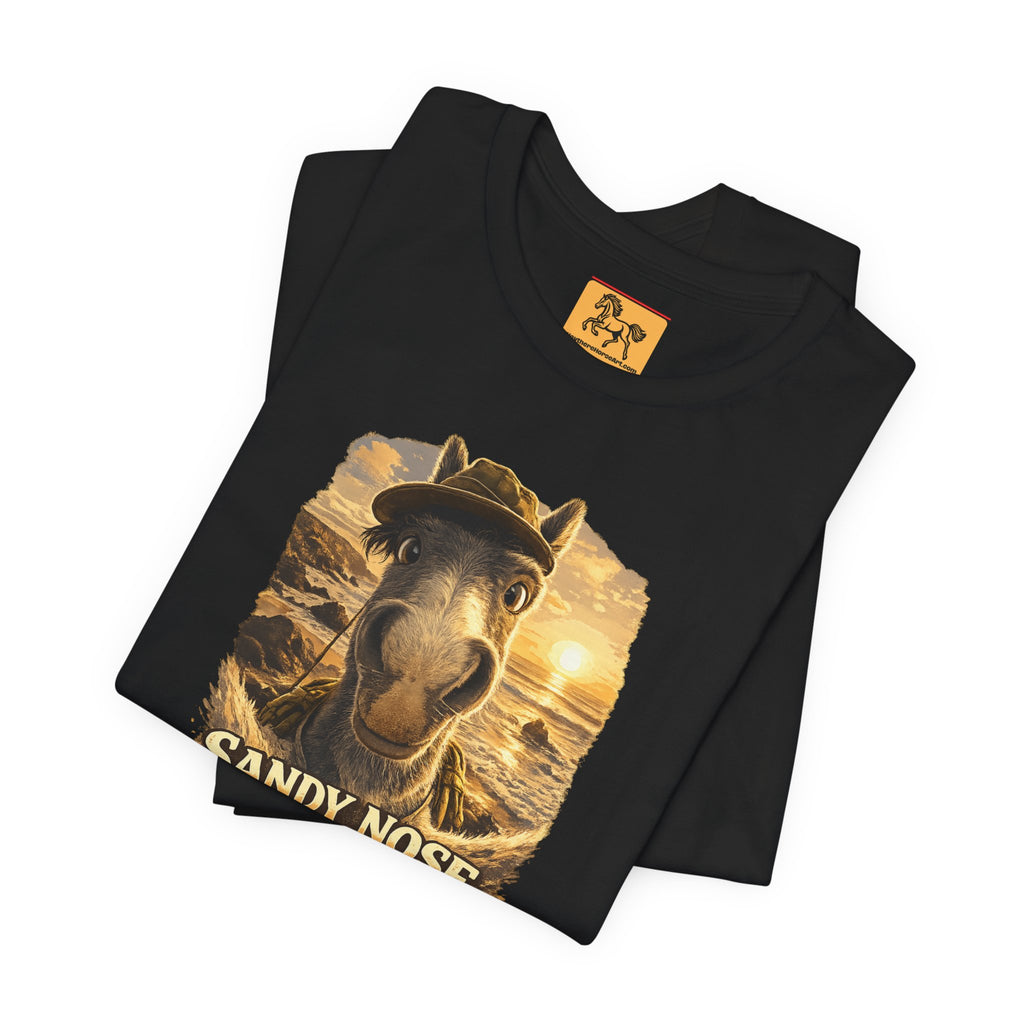 Sandy nose, don't care. A cheeky horse beach selfie tee for horse lovers who live for summer. Super soft Bella + Canvas 3001. Shop now at Hay There Horse Art.