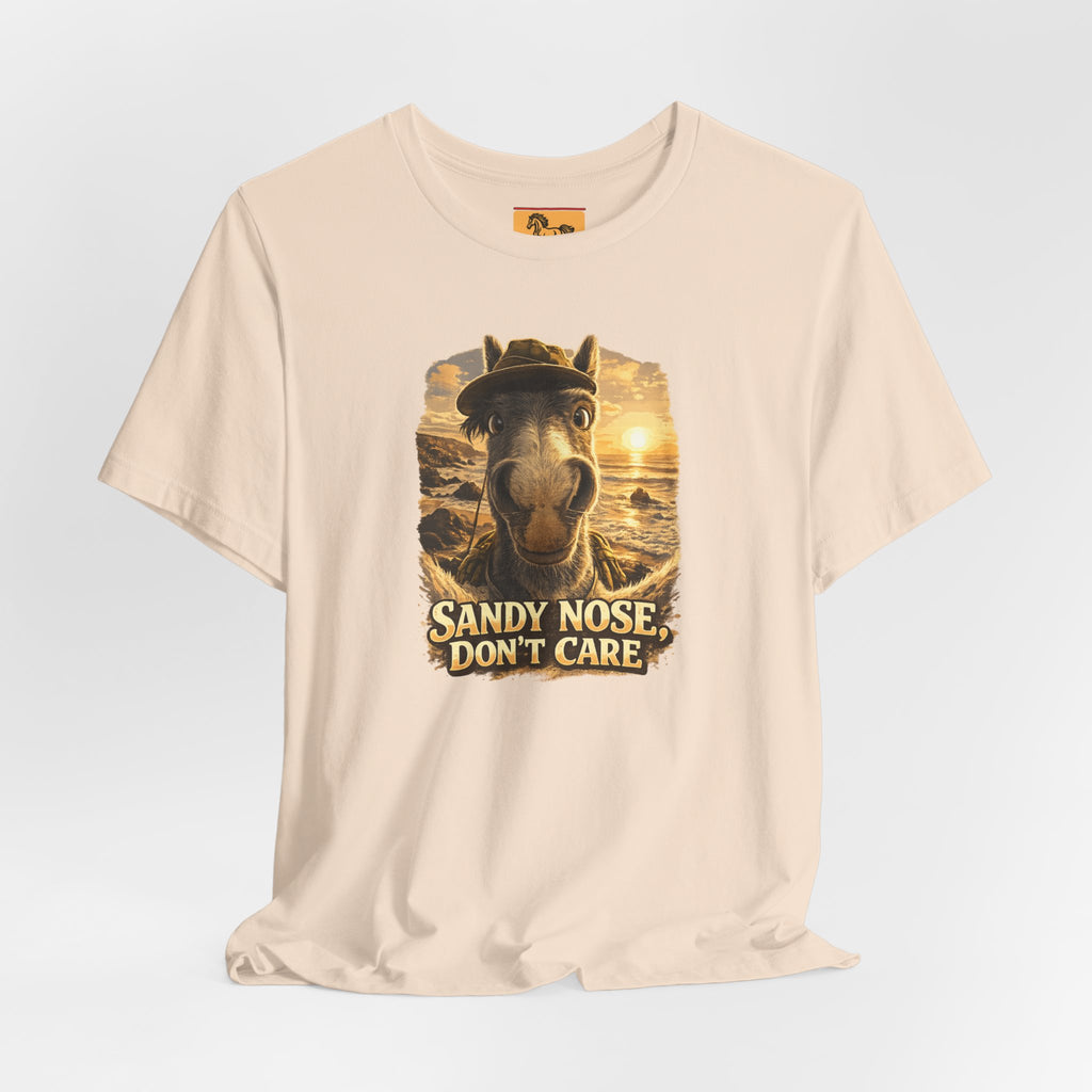 Sandy nose, don't care. A cheeky horse beach selfie tee for horse lovers who live for summer. Super soft Bella + Canvas 3001. Shop now at Hay There Horse Art.