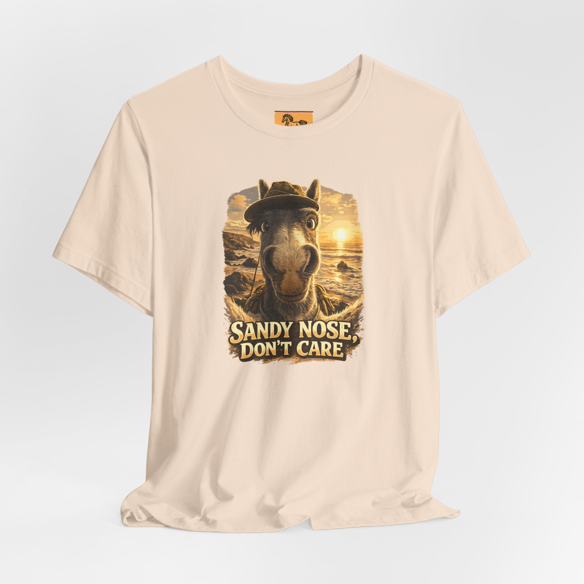 Sandy nose, don't care. A cheeky horse beach selfie tee for horse lovers who live for summer. Super soft Bella + Canvas 3001. Shop now at Hay There Horse Art.