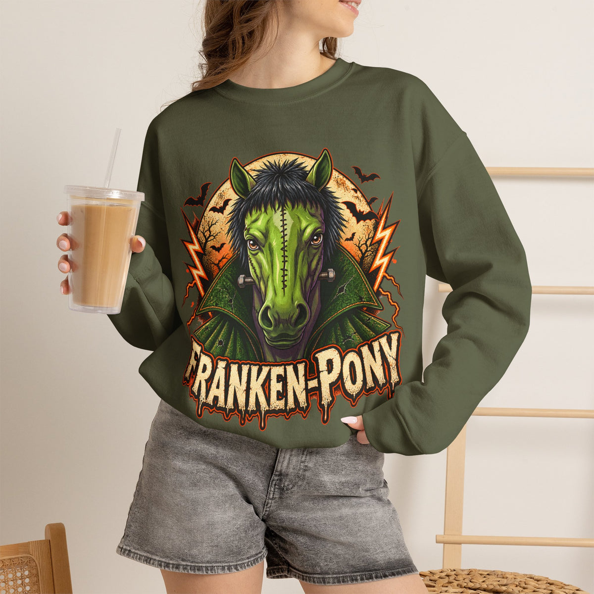 Franken-Pony Halloween Sweatshirt, Mad Science Monster Horse Crewneck