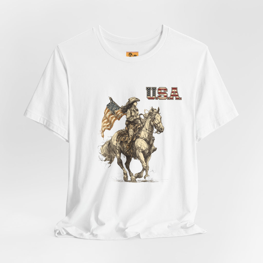 USA Flag & Cowgirl Rider T-Shirt | Patriotic Cowgirl on Horse Graphic Tee