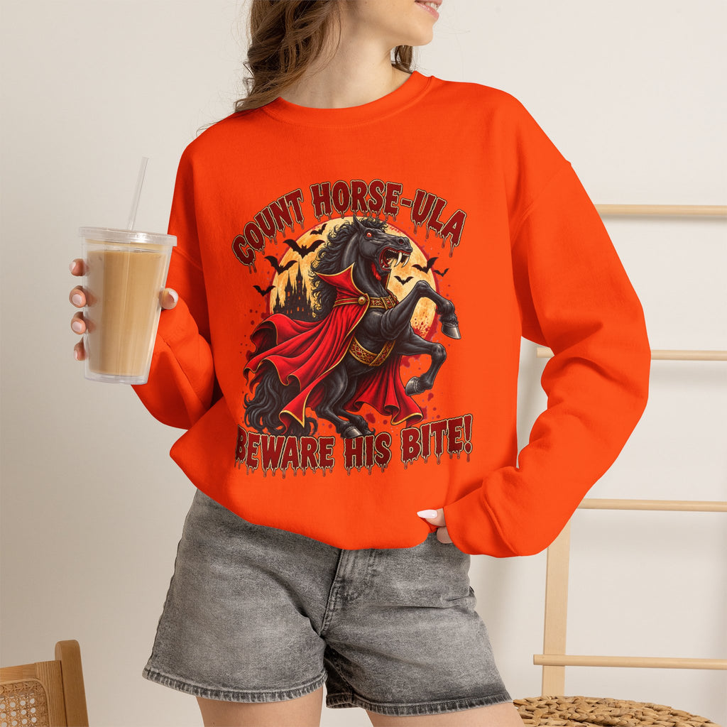 Count Horse-ula Halloween Sweatshirt Vampire Horse Crewneck, Beware His Bite
