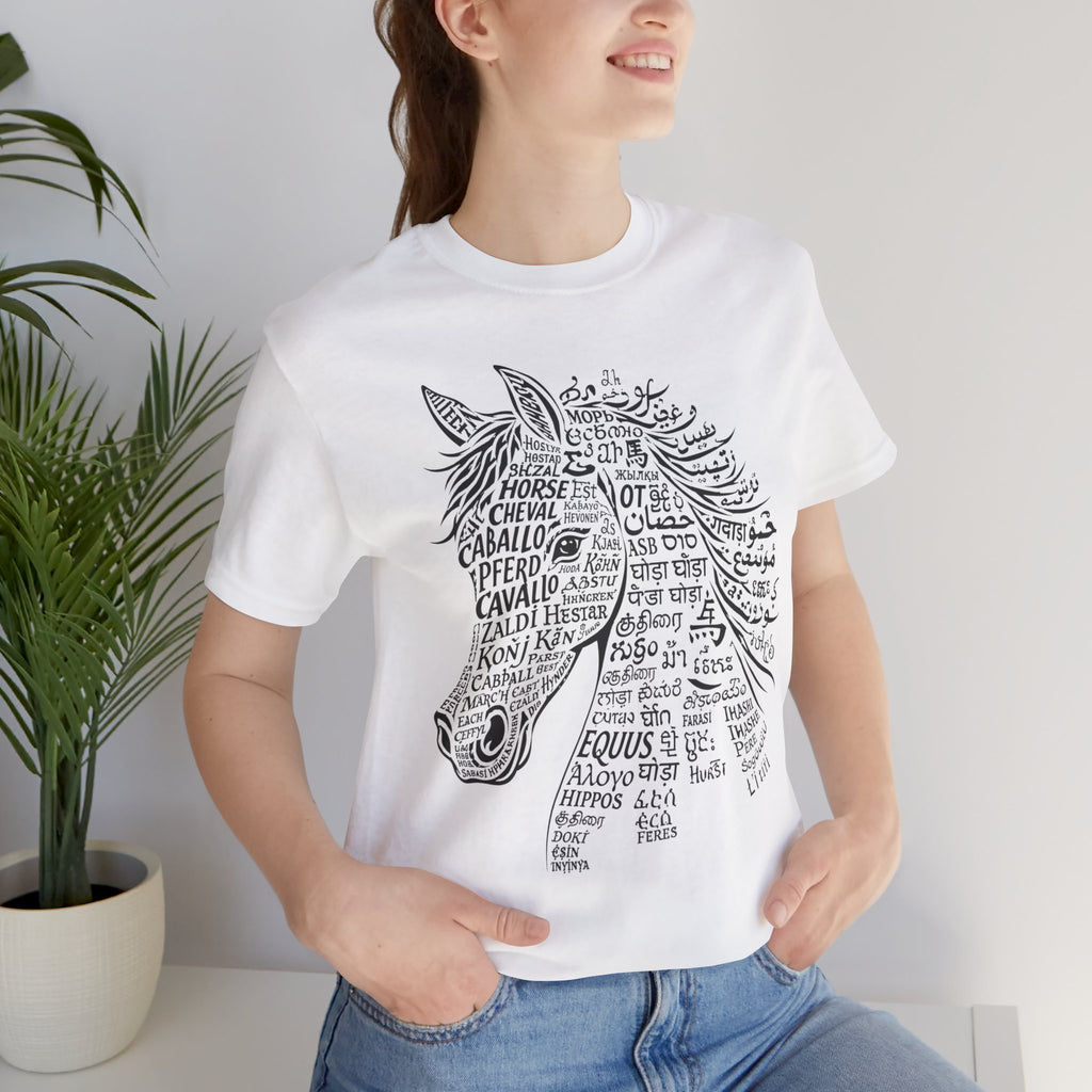 Horse design T Shirt created from the word horse in many languages Unique Horse Lover Gift Equestrian Art Tee