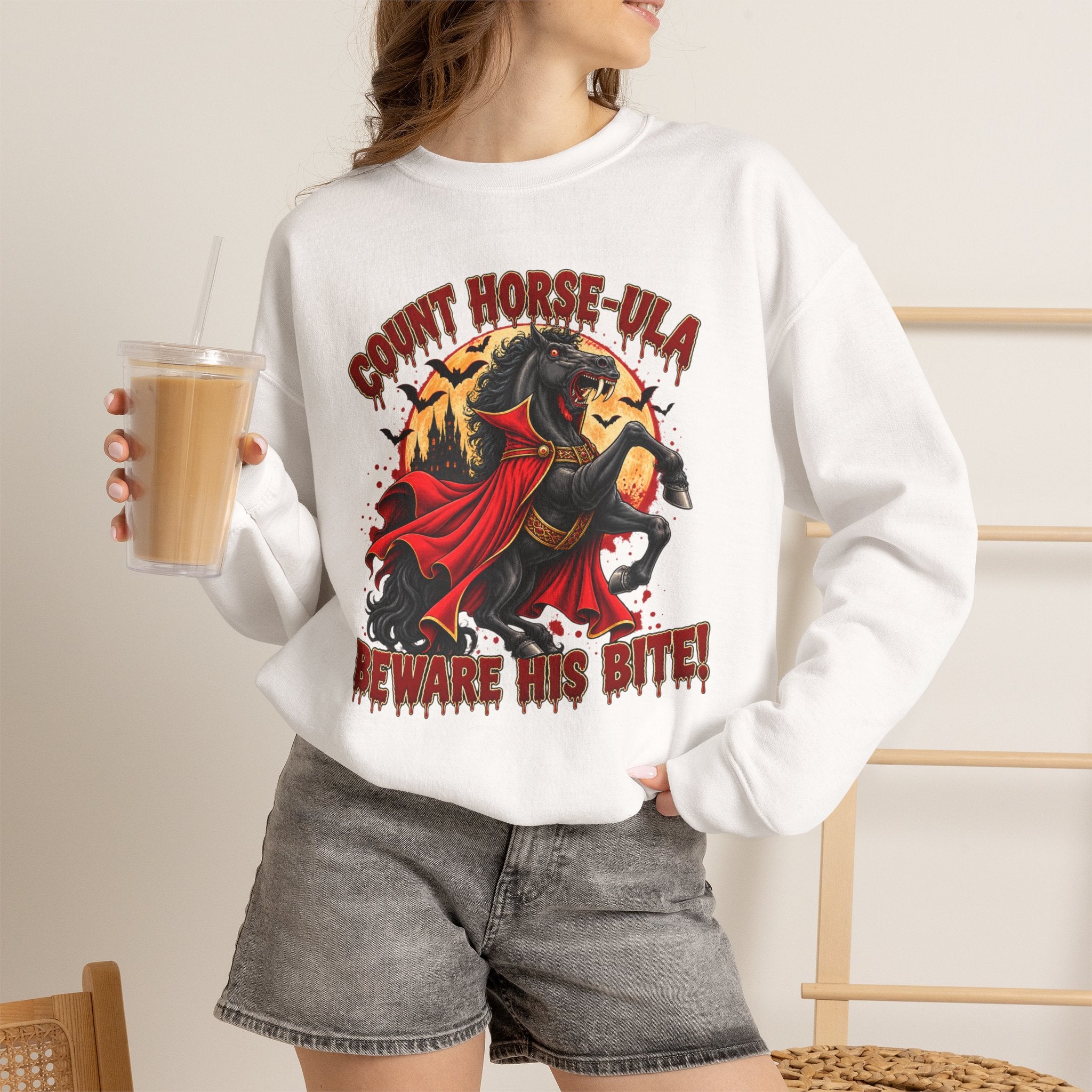 Count Horse-ula Halloween Sweatshirt Vampire Horse Crewneck, Beware His Bite