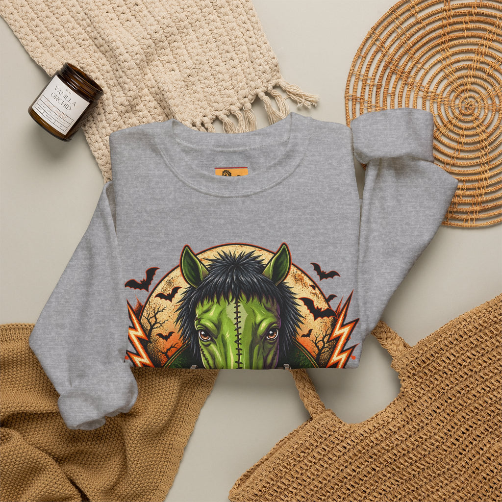 Franken-Pony Halloween Sweatshirt, Mad Science Monster Horse Crewneck