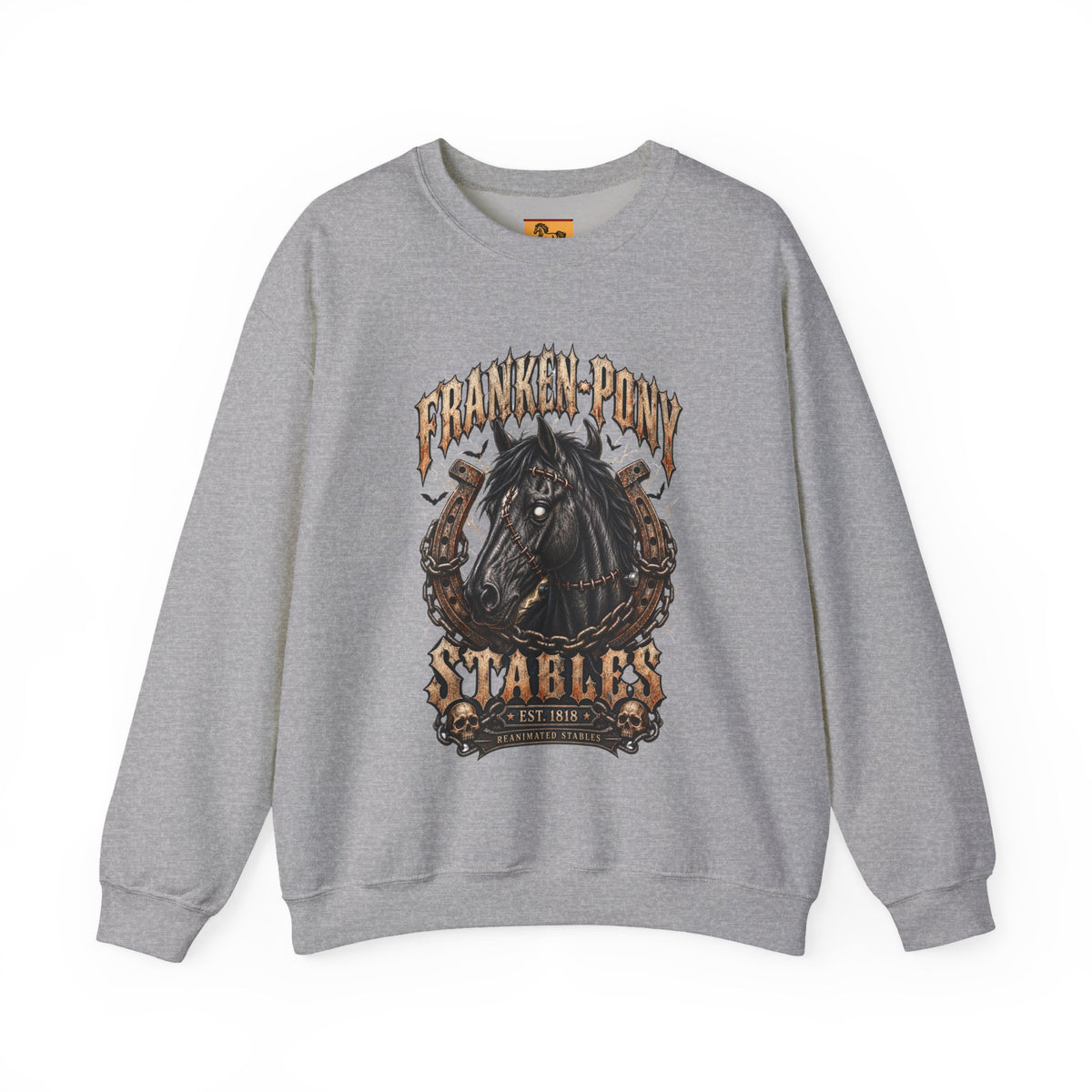 Franken-Pony Stables Est. 1818 Halloween Sweatshirt Gothic Horse Crest Crewneck