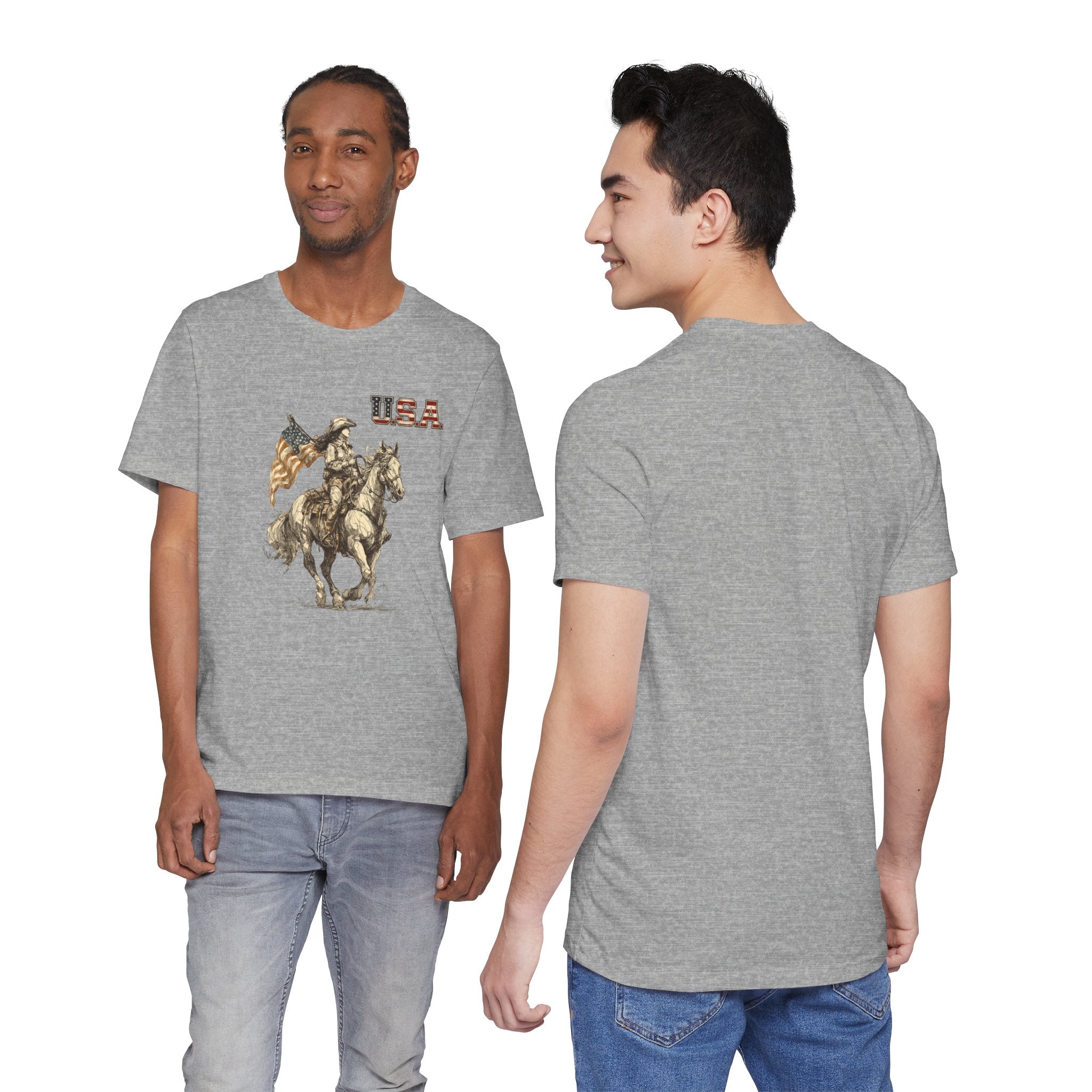 USA Flag & Cowgirl Rider T-Shirt | Patriotic Cowgirl on Horse Graphic Tee