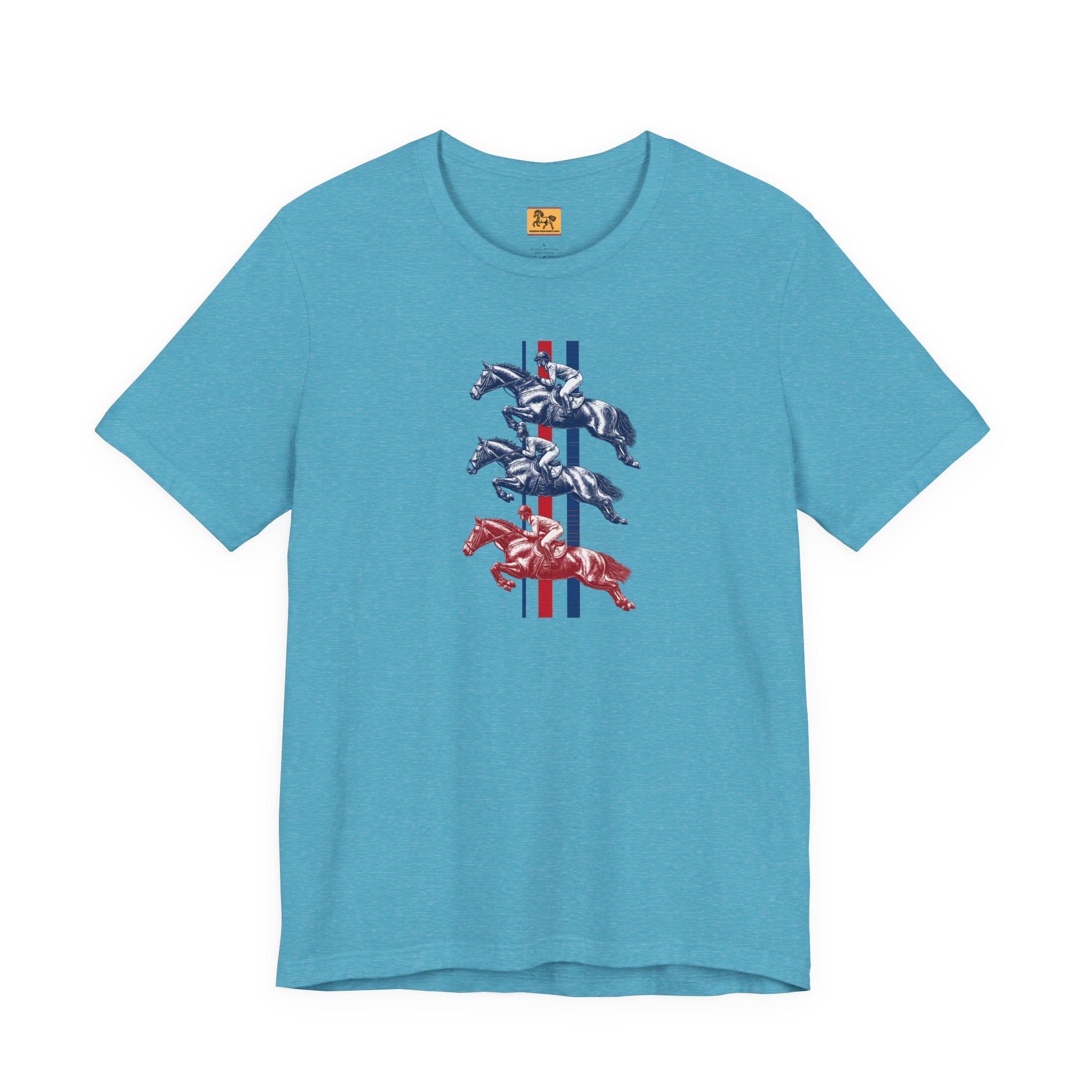 Vintage Show Jumping Horses T‑Shirt UK Red White Blue Equestrian Tee for Riders & Owners